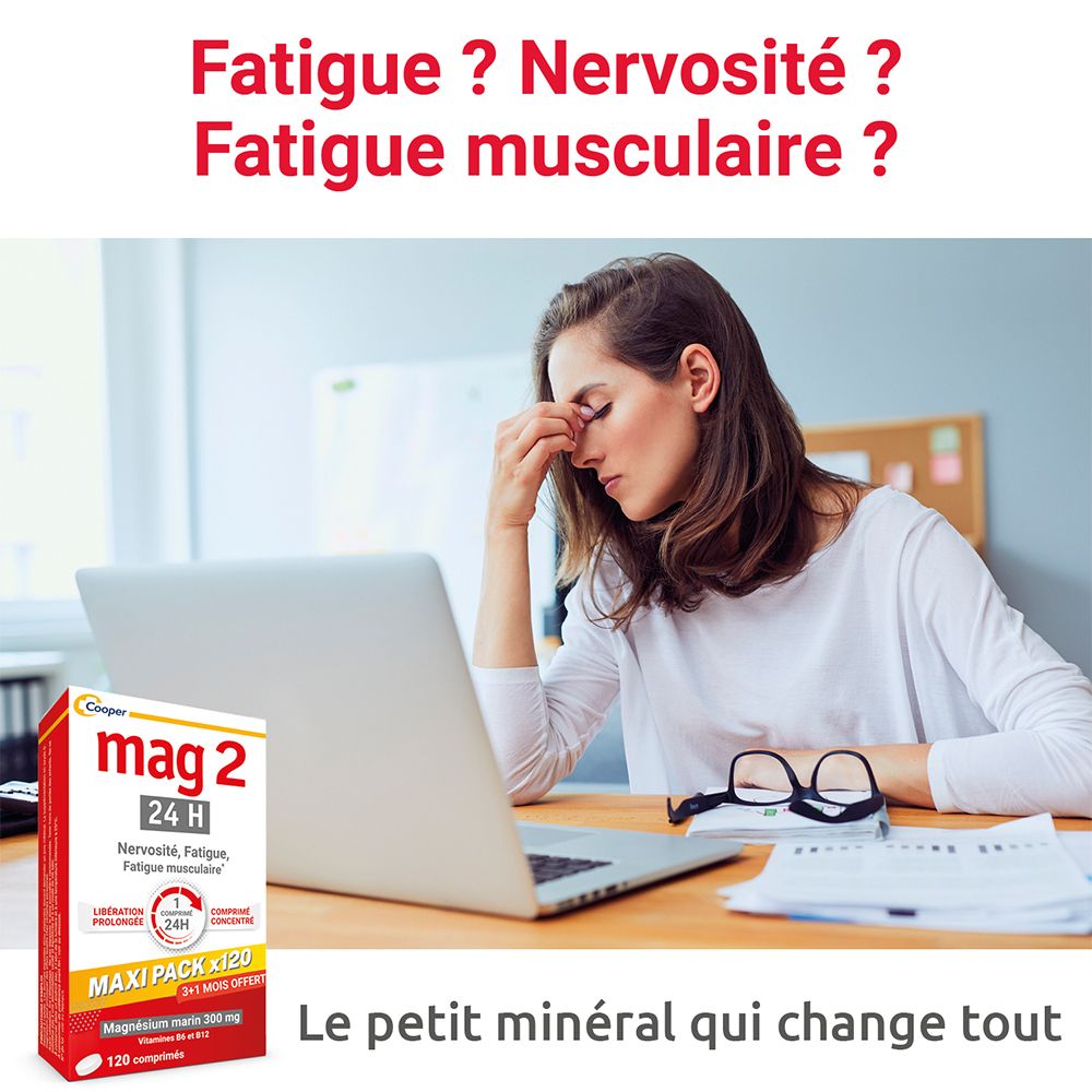 Femme devant un ordinateur portable, se tenant la tête. Boîte mag 2 au premier plan. Texte : Fatigue ? Nervosité ?