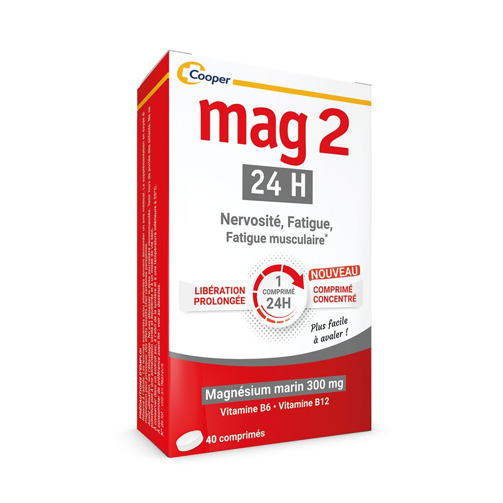 Schachtel mit mag 2, 24H, Anti-Nervosität und Anti-Müdigkeit. Enthält 40 Tabletten. Rote und weiße Verpackung.