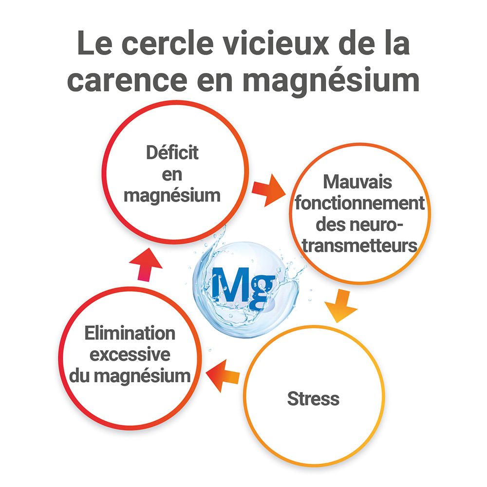 Kreislauf der Magnesiummangels: Magnesiummangel, schlechte Neurotransmitterfunktion, Stress, übermäßige Ausscheidung.