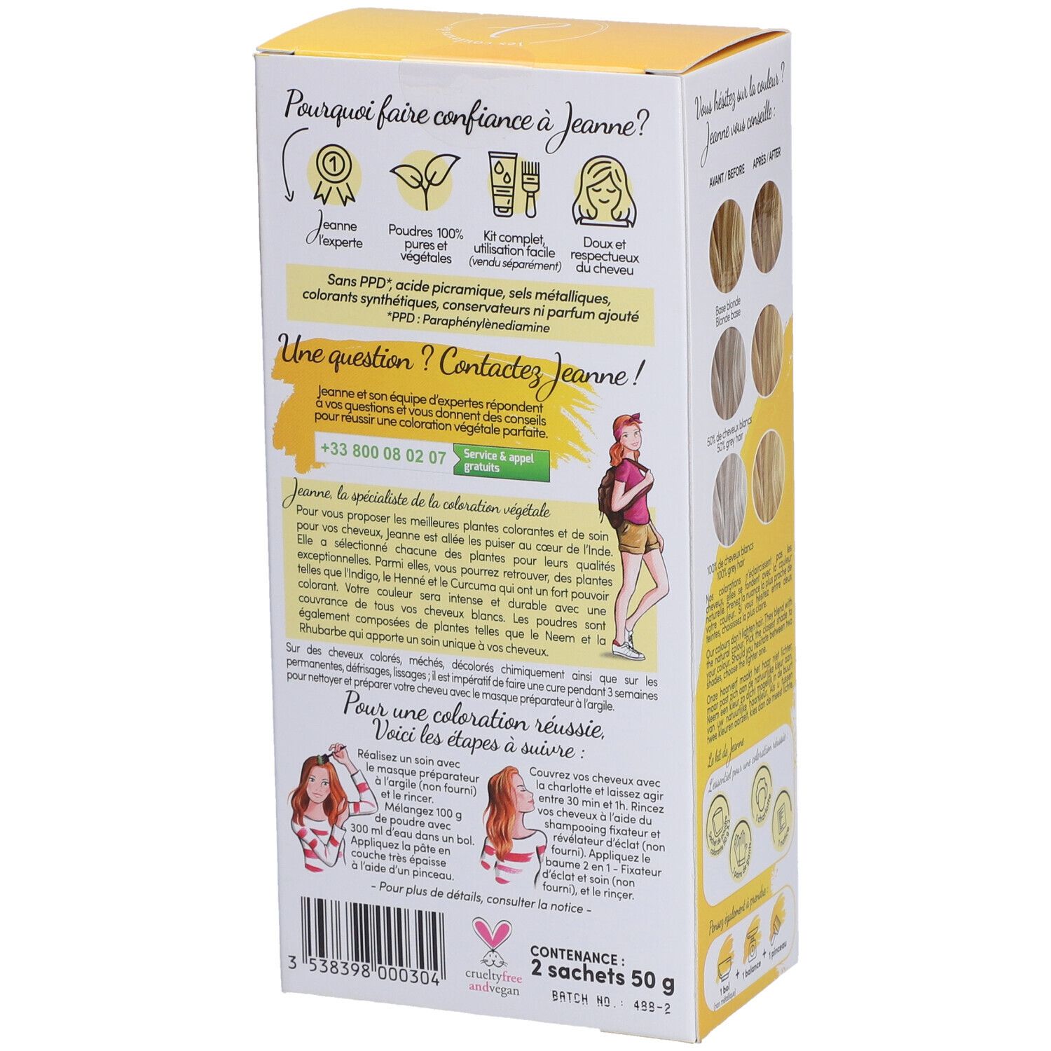 Boîte de coloration capillaire. Inscription: Coloration 100% végétale. Contient 2 sachets. Informations de contact et label Vegan.