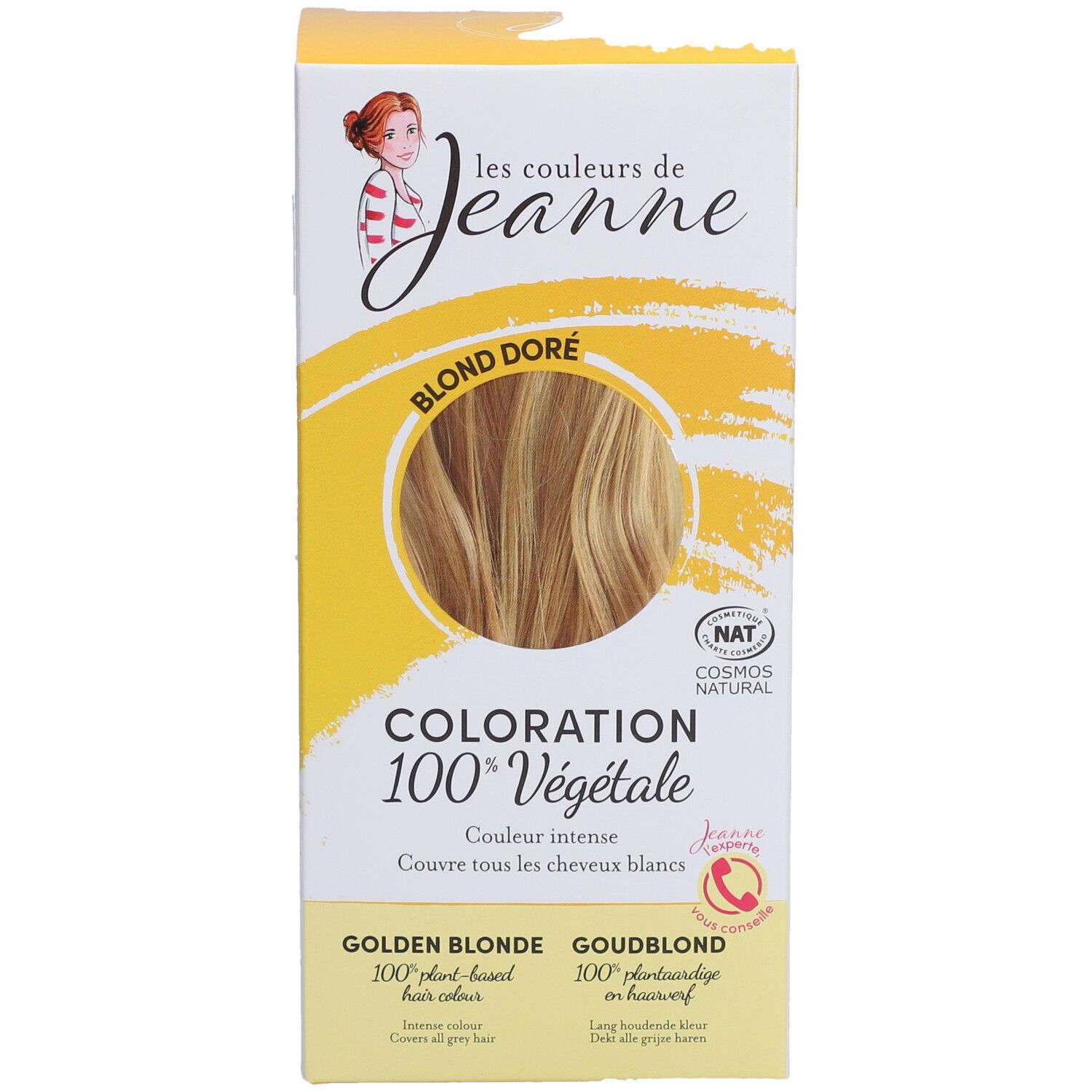 Boîte de coloration capillaire. Inscription: Blond doré, Coloration 100% végétale. Certification COSMOS NATURAL.