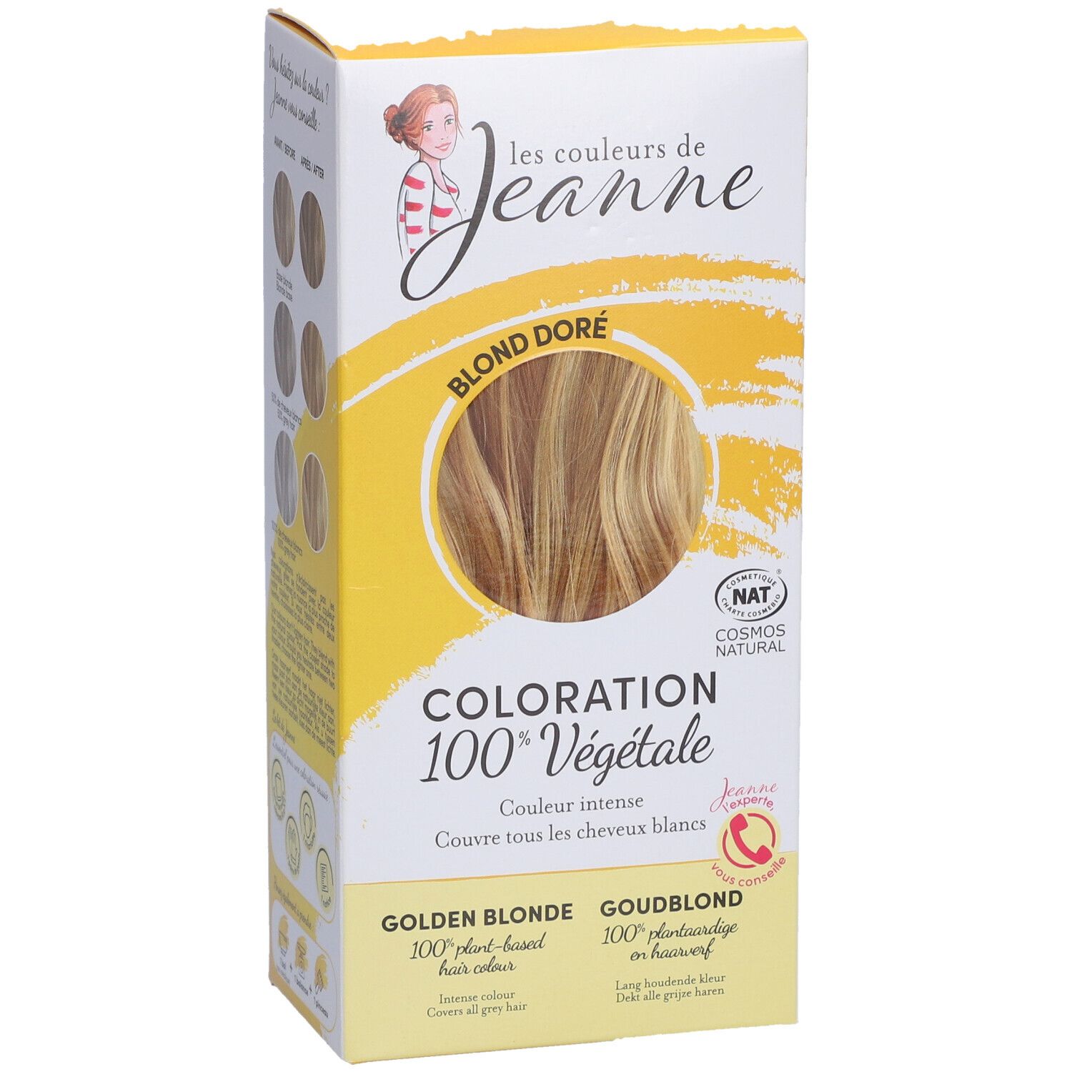 Boîte de coloration capillaire. Inscription: Blond doré, Coloration 100% végétale. Certification COSMOS NATURAL.