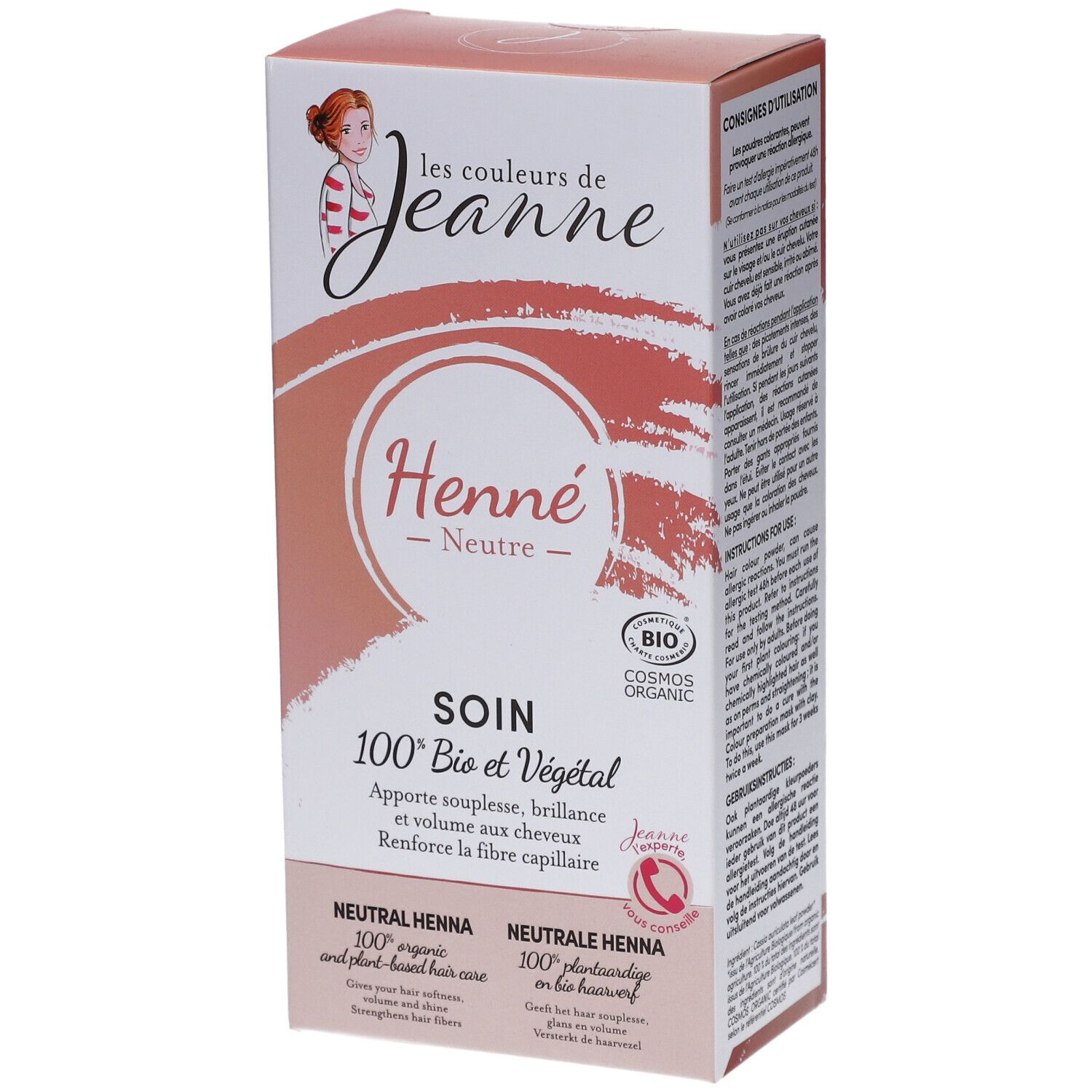 Verpackung von Henna neutral bio. Aufschrift: Henne Neutre, 100% Bio et Végétal. Mit Bio-Siegel.
