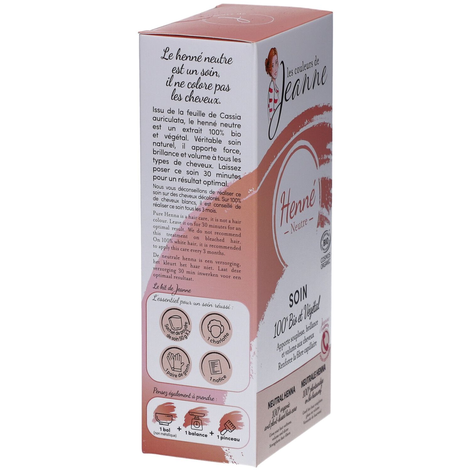 Verpackung von Henna neutral bio. Aufschrift: Henne Neutre, 100% Bio et Végétal. Rückseite mit Text und Illustrationen.