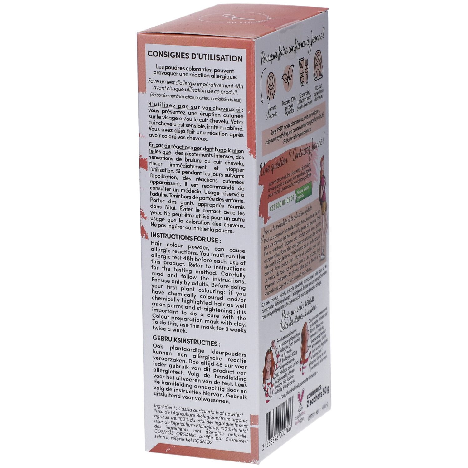 Verpackung von Henna neutral bio. Aufschrift: Consignes d'utilisation. Text und Illustrationen.