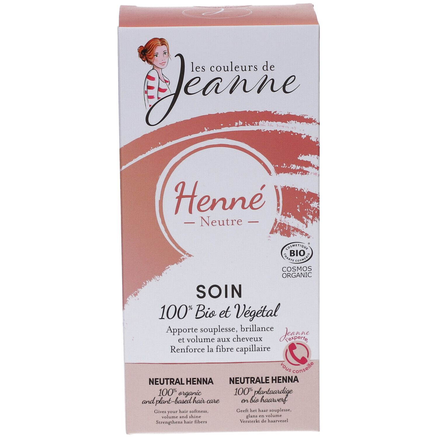 Verpackung von Henna neutral bio. Aufschrift: Henne Neutre, 100% Bio et Végétal. Mit Bio-Siegel.