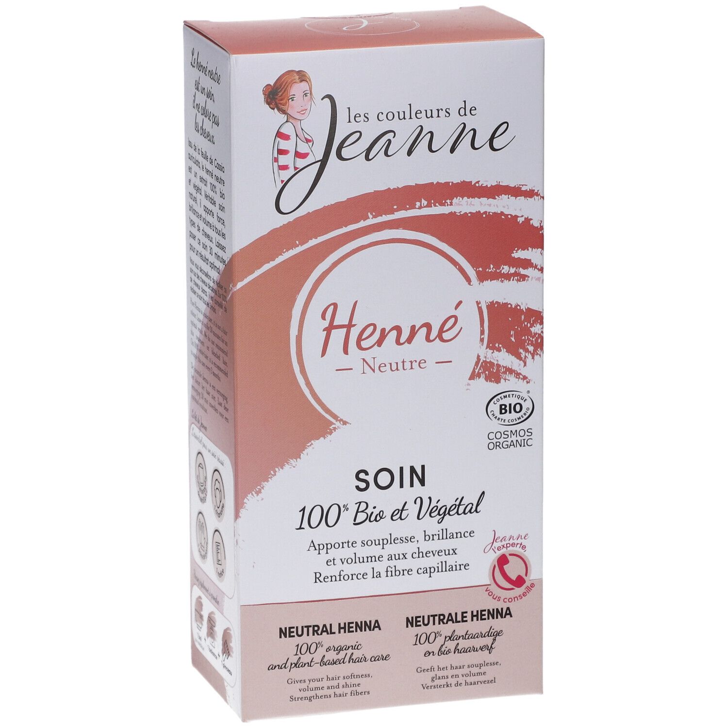 Verpackung von Henna neutral bio. Aufschrift: Henne Neutre, 100% Bio et Végétal. Mit Bio-Siegel.