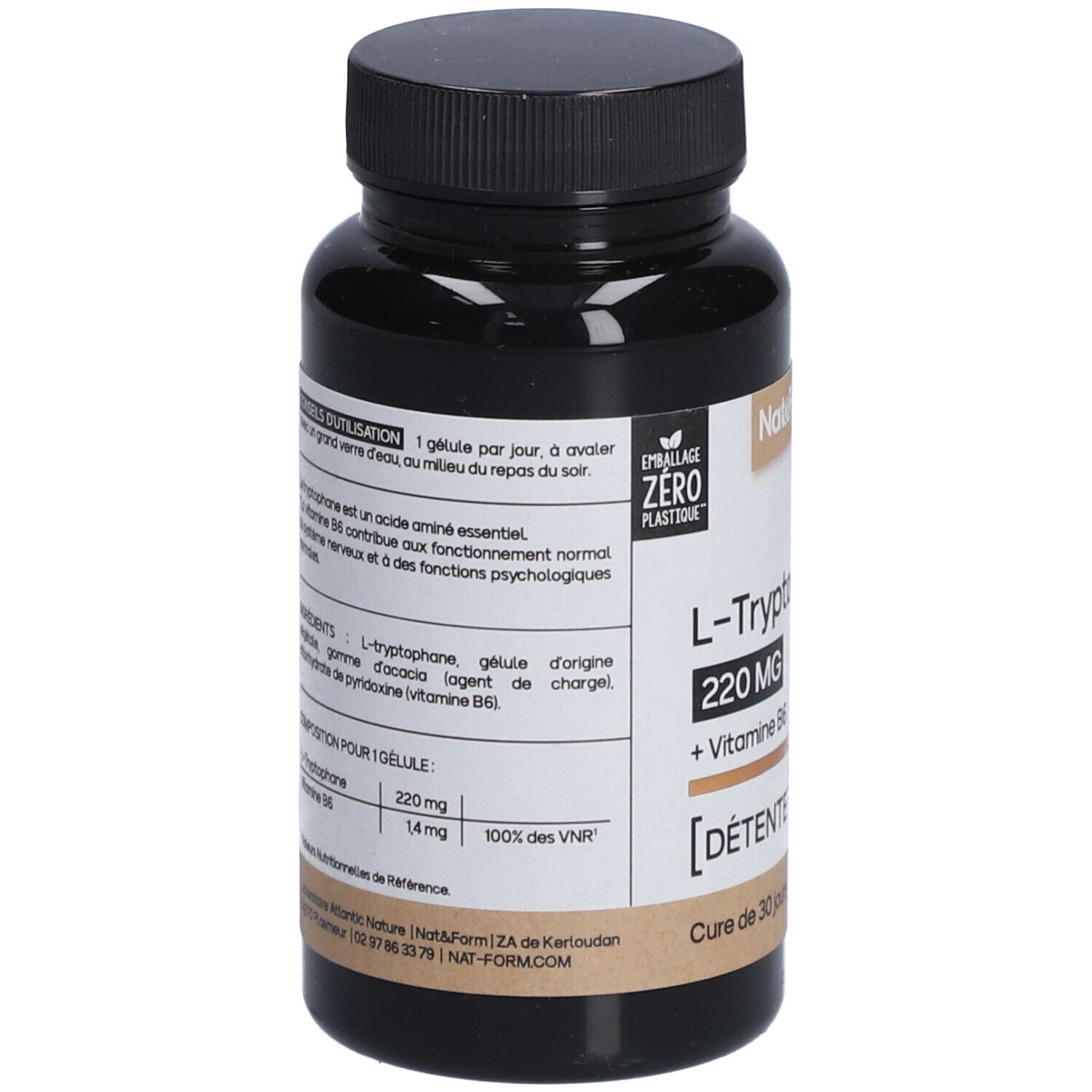 Flacon marron avec bouchon noir. Inscription: L-Tryptophane 220 MG + Vitamine B6. Dos avec texte et ingrédients.
