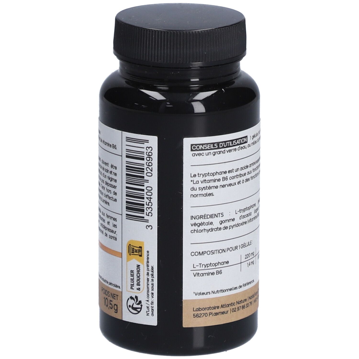 Flacon marron avec bouchon noir. Dos avec texte et ingrédients. Poids net: 10,5g.