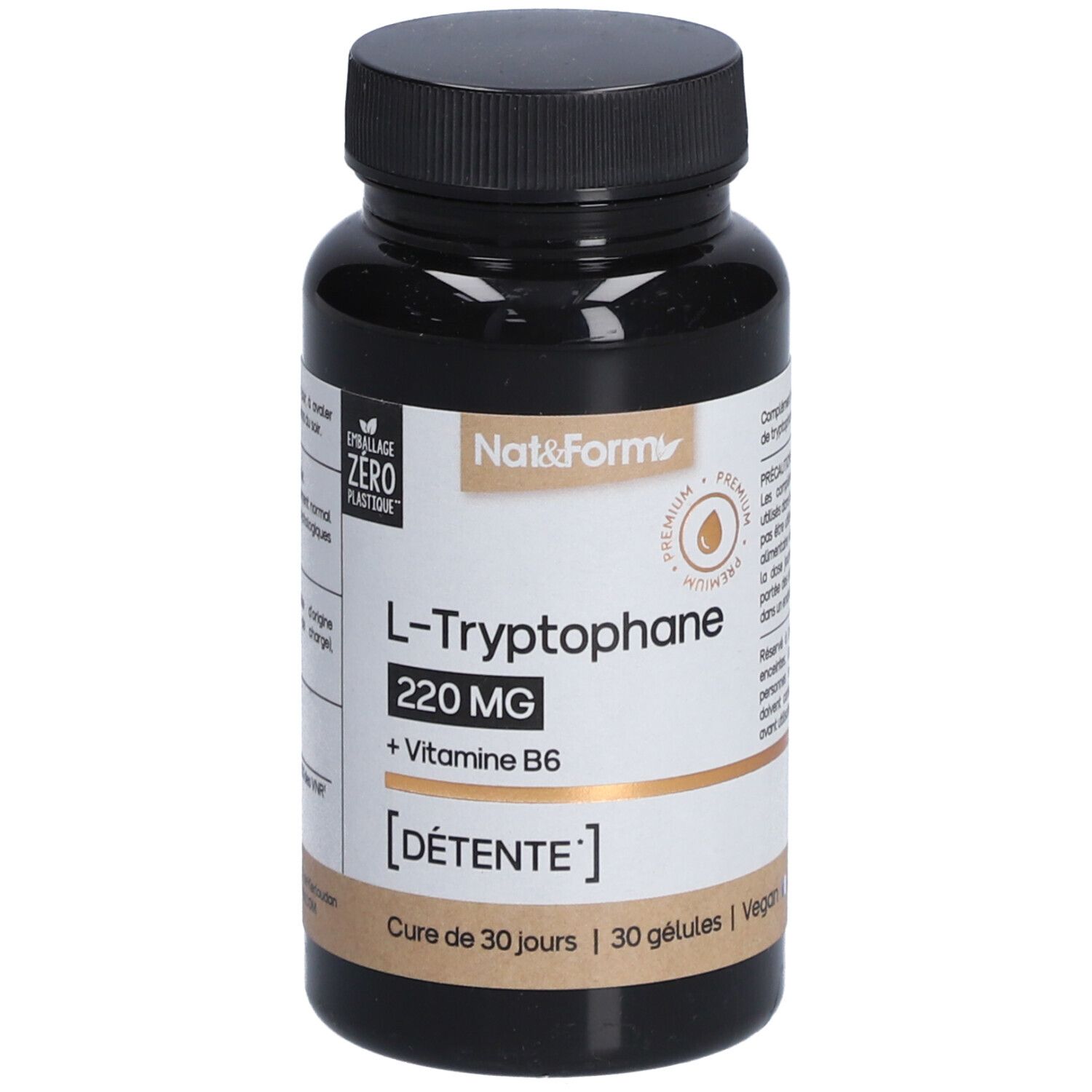 Flacon marron avec bouchon noir. Inscription: L-Tryptophane 220 MG + Vitamine B6. 30 gélules. Vegan.