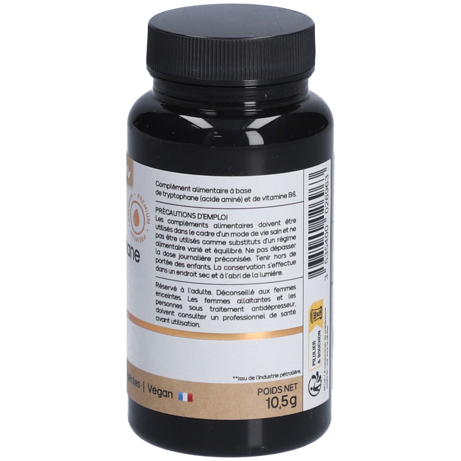 Flacon marron avec bouchon noir. Dos avec texte et ingrédients. Poids net: 10,5g. Vegan.