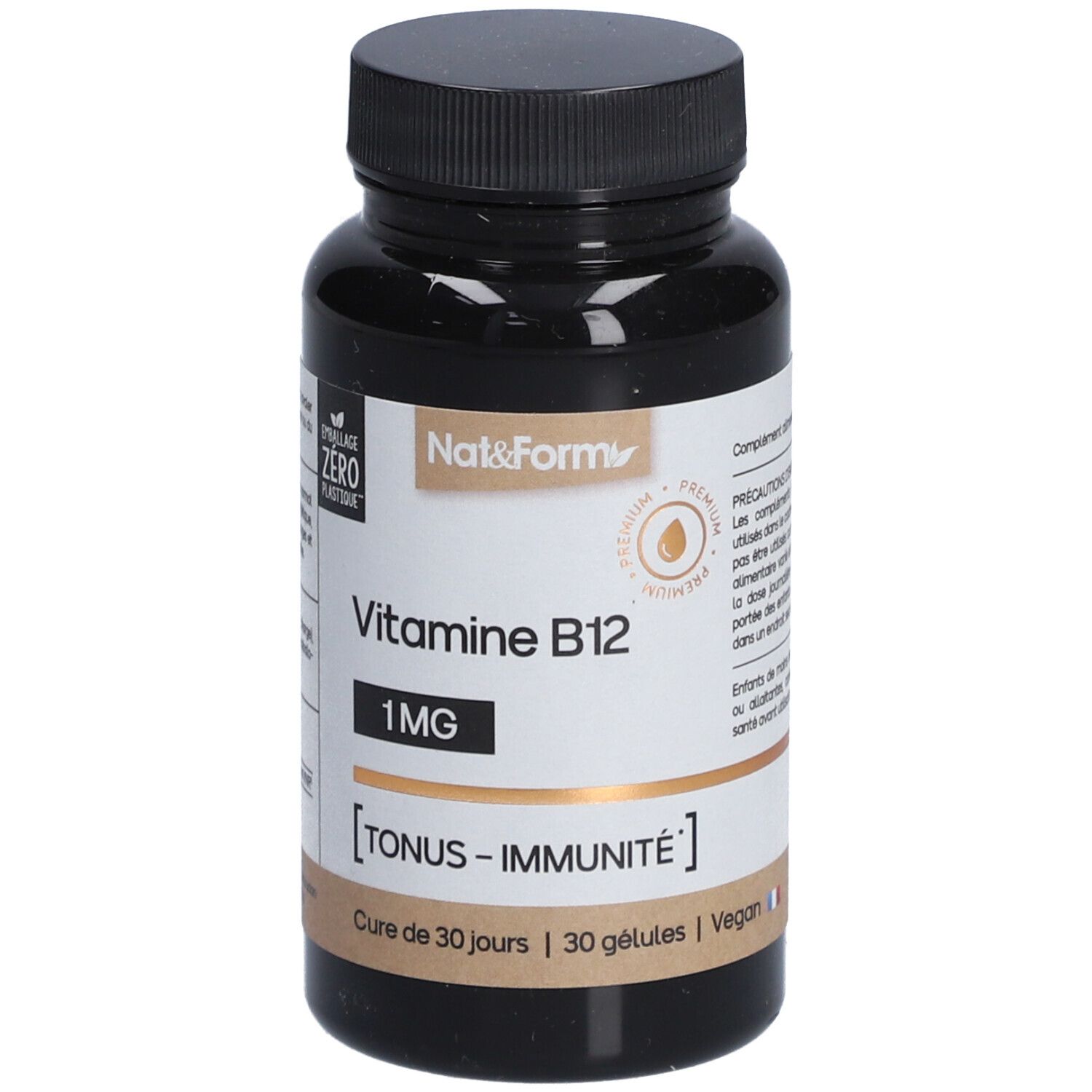 Braune Flasche mit schwarzen Deckel. Etikett mit "Vitamine B12 1MG" und "TONUS-IMMUNITÉ".