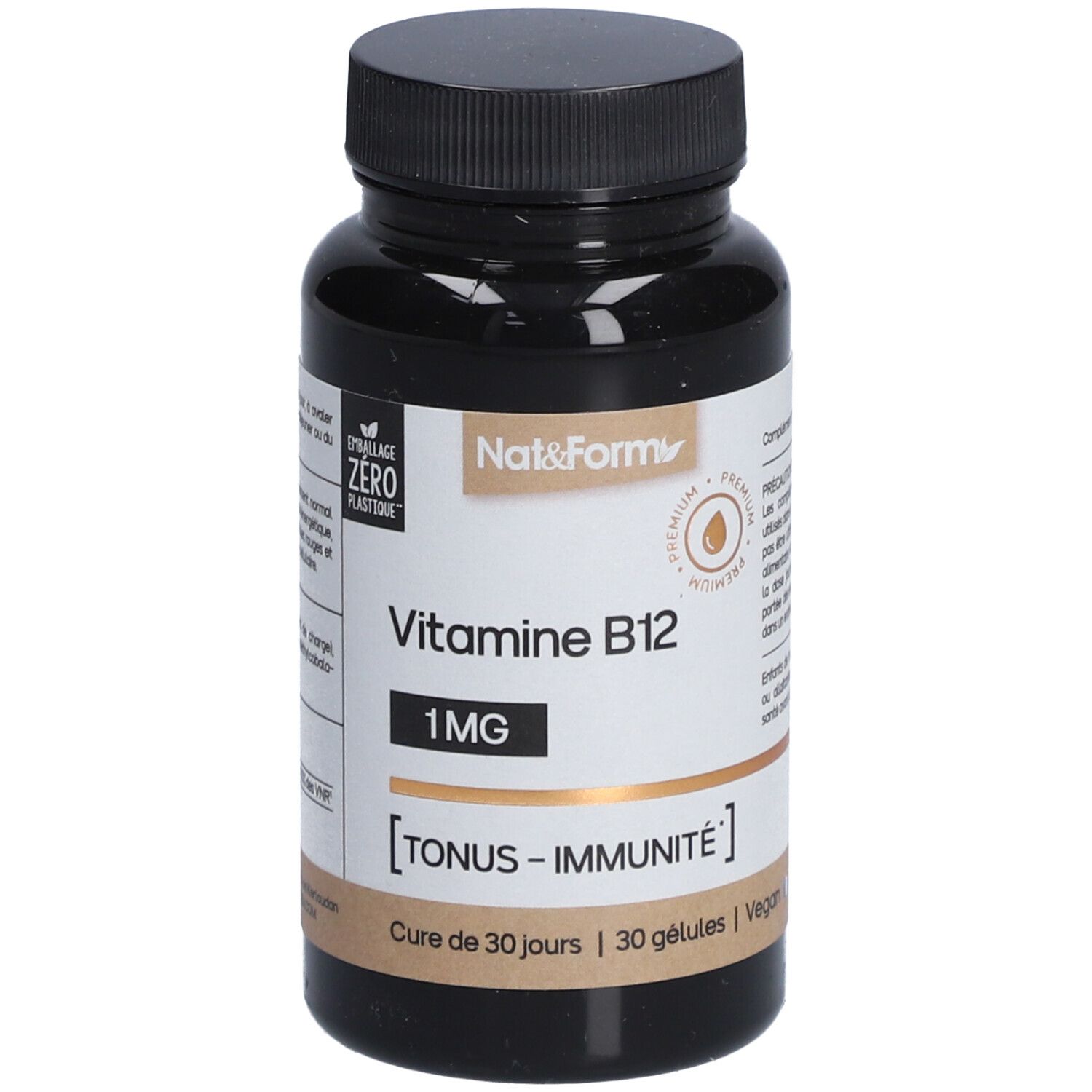 Braune Flasche mit schwarzen Deckel. Etikett mit "Vitamine B12 1MG" und "TONUS-IMMUNITÉ".