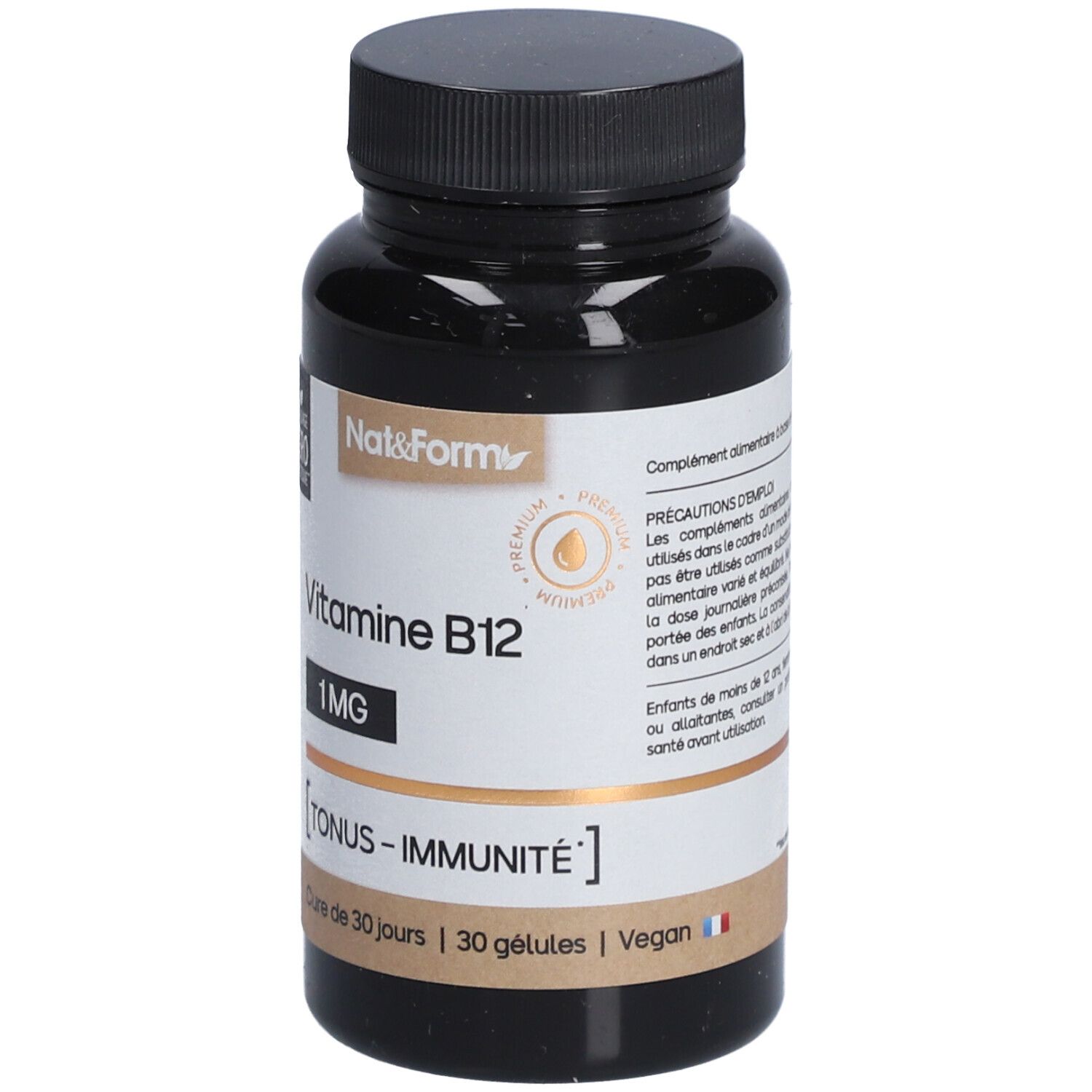 Braune Flasche mit schwarzen Deckel. Etikett mit "Vitamine B12 1MG" und "TONUS-IMMUNITÉ".