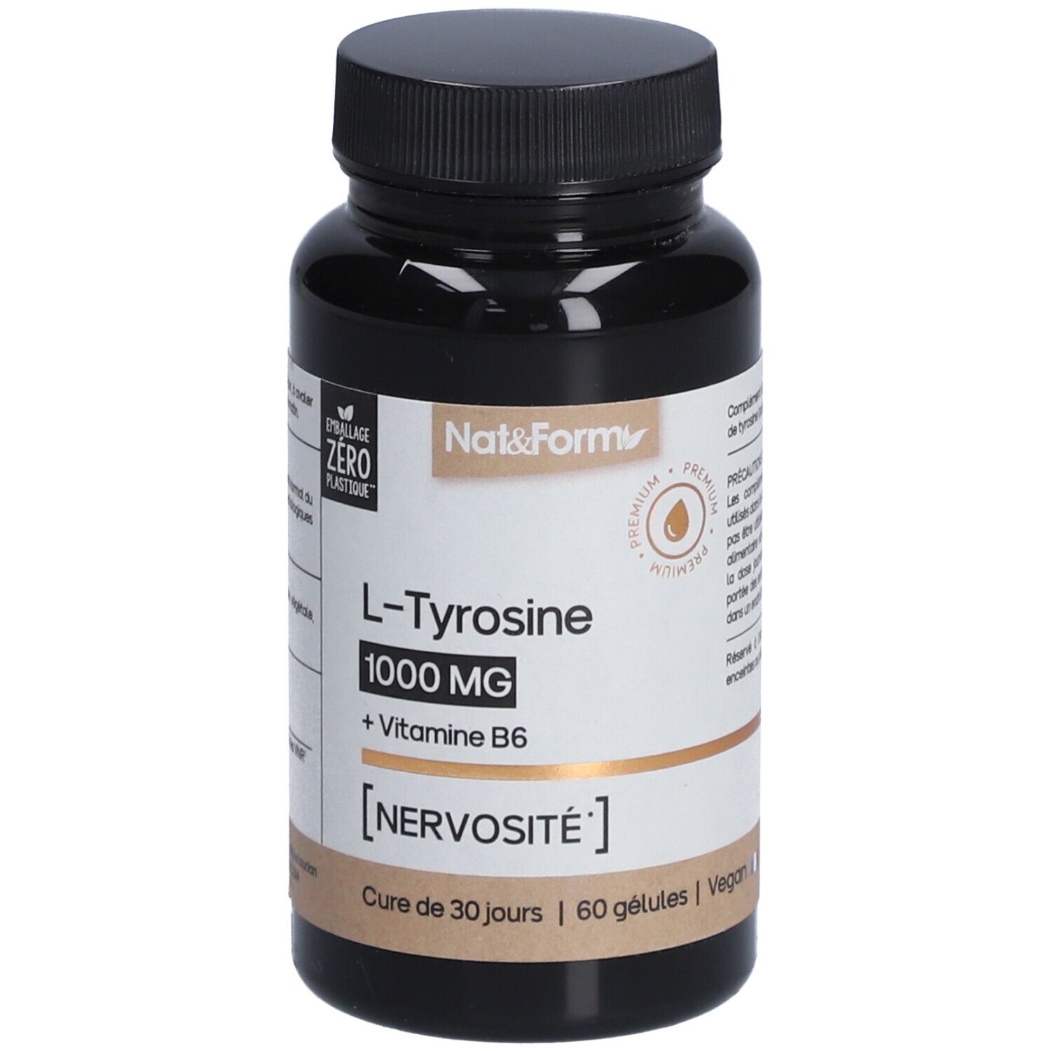 Braune Flasche mit schwarzen Deckel. Aufschrift: L-Tyrosin 1000 MG + Vitamin B6. 60 Kapseln. Vegan.