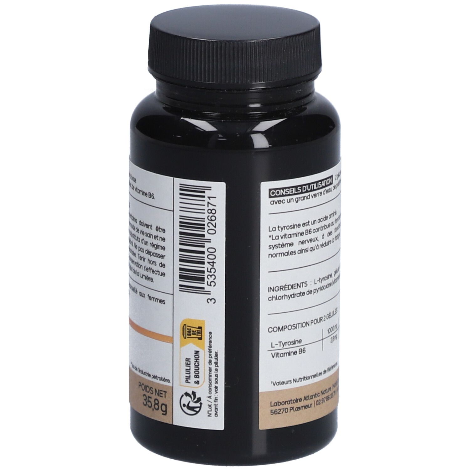 Rückseite der braunen Flasche. Text: L-Tyrosin, Vitamin B6. Informationen zu Inhaltsstoffen und Gewicht: 35,8 g.