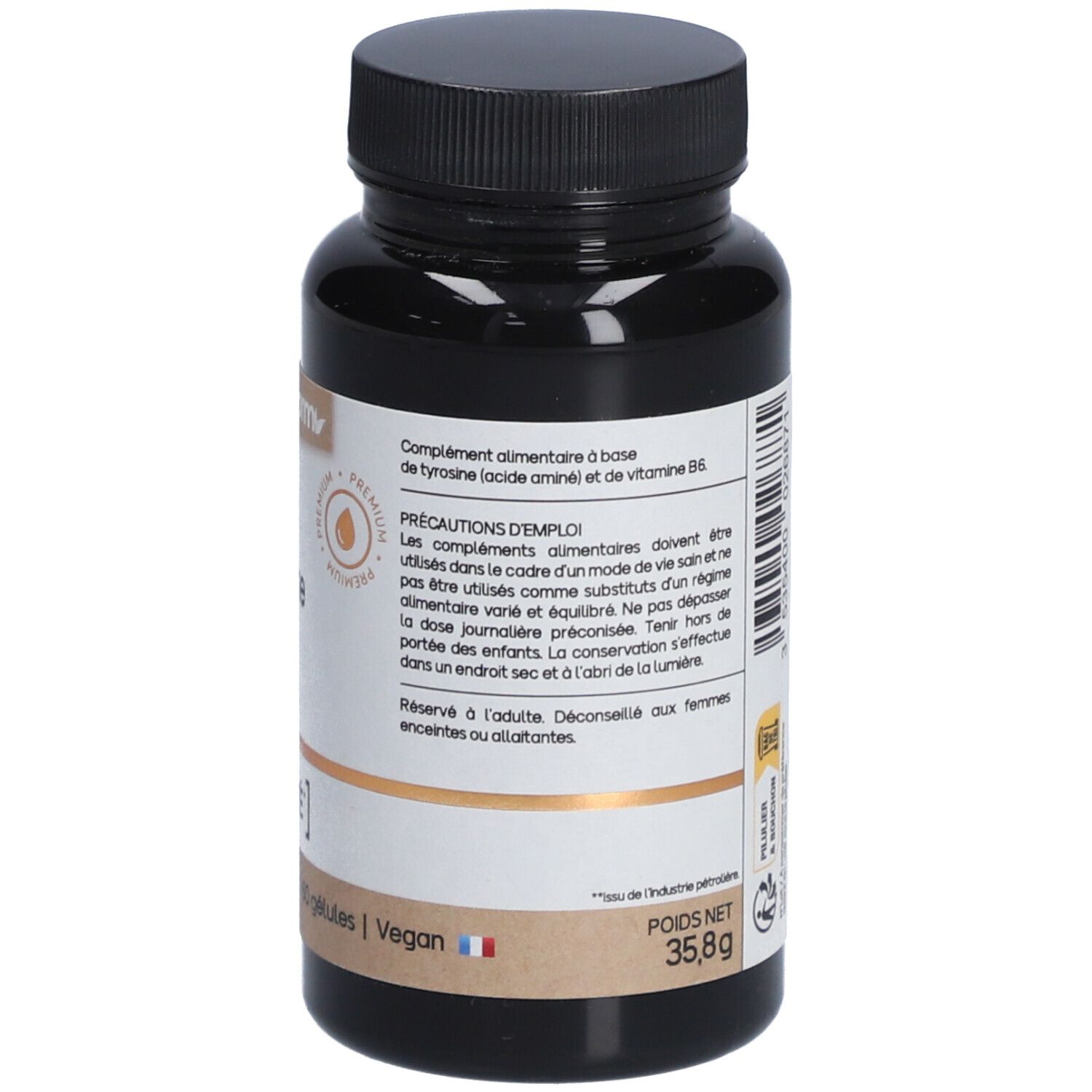 Rückseite der braunen Flasche. Text: L-Tyrosin, Vitamin B6. Informationen zu Inhaltsstoffen und Gewicht: 35,8 g.