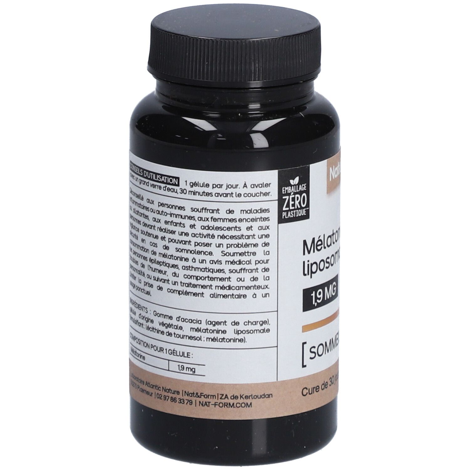 Flacon brun avec étiquette. Inscription : Mélatonine liposomale 1,9 MG. [SOMMEIL]. 30 gélules. Vegan. Texte en français.