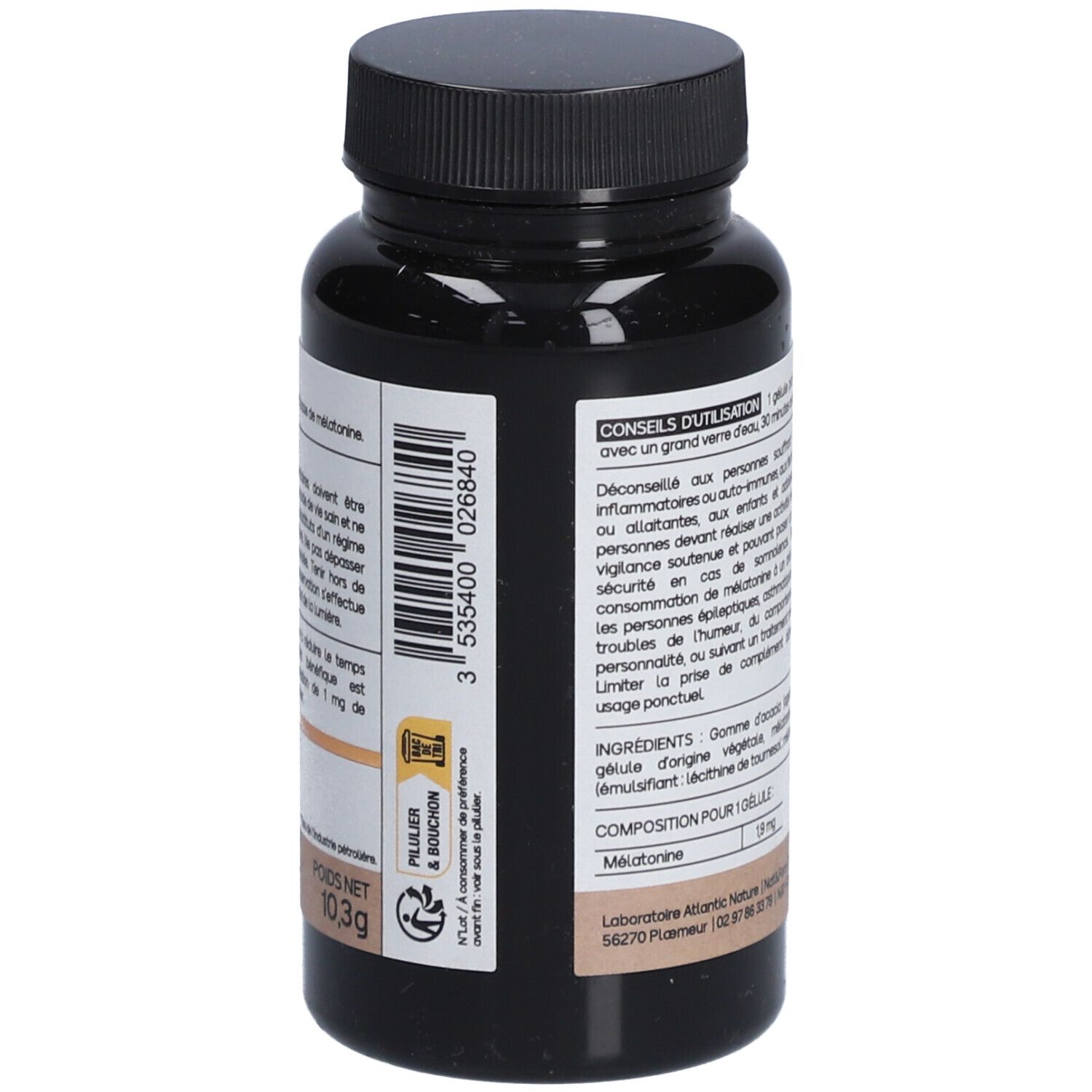 Flacon brun avec étiquette. Inscription : Mélatonine liposomale 1,9 MG. [SOMMEIL]. 30 gélules. Vegan. Poids net : 10,3g.