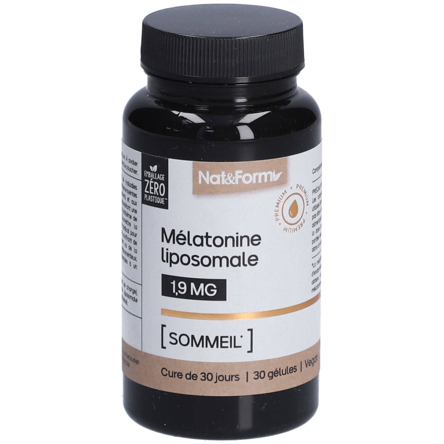Flacon brun de gélules. Inscription : Mélatonine liposomale 1,9 MG. [SOMMEIL]. 30 gélules. Vegan.