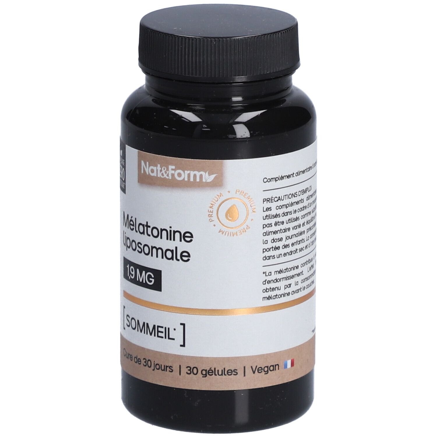 Flacon brun de gélules. Inscription : Mélatonine liposomale 1,9 MG. [SOMMEIL]. 30 gélules. Vegan. Drapeau français.