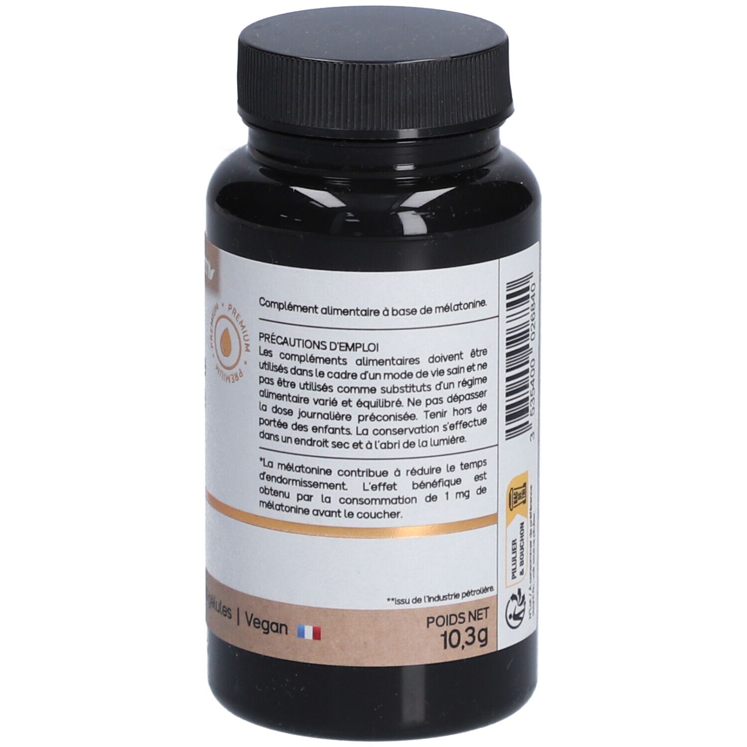 Flacon brun avec étiquette. Inscription : Mélatonine liposomale 1,9 MG. [SOMMEIL]. 30 gélules. Vegan. Poids net : 10,3g.