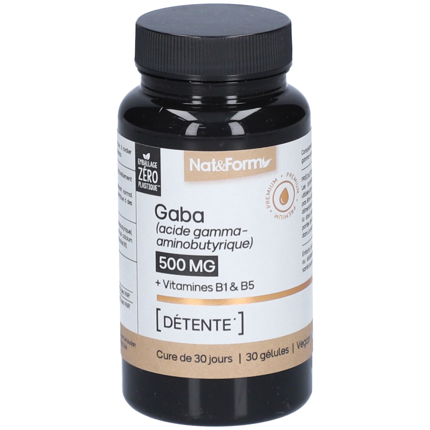 Braune Flasche mit schwarzen Deckel. Aufschrift: Nat&Form, GABA, 500 MG, + Vitamine B1 & B5. 30 Kapseln.