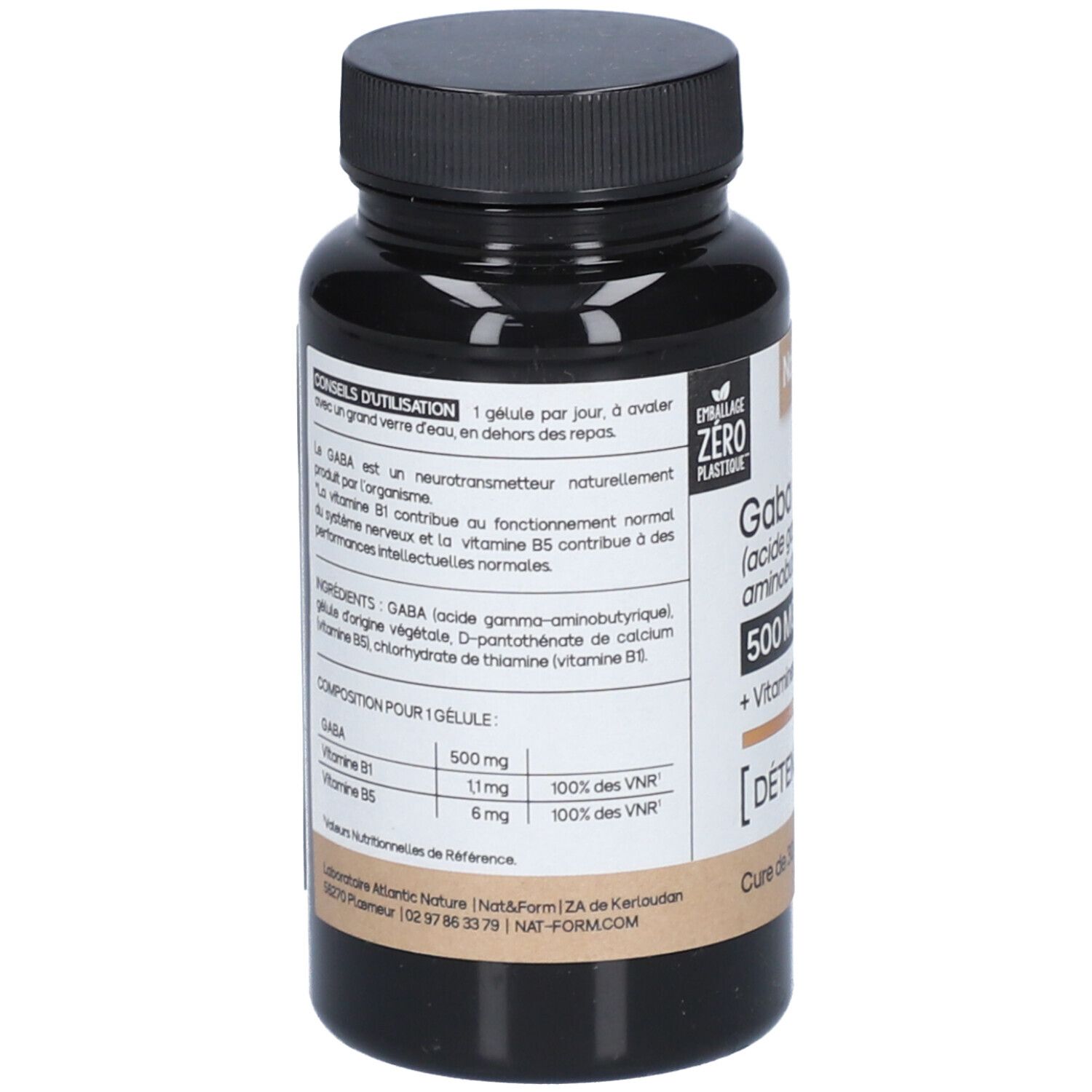 Rückseite der braunen Flasche. Text: GABA, 500 mg, Vitamine B1 & B5. Gebrauchsanweisung. Zutatenliste. Vegan.