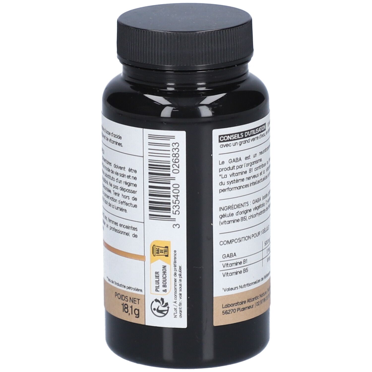 Rückseite der braunen Flasche. Text: GABA, 500 mg, Vitamine B1 & B5. Gewicht: 18,1g. Barcode.