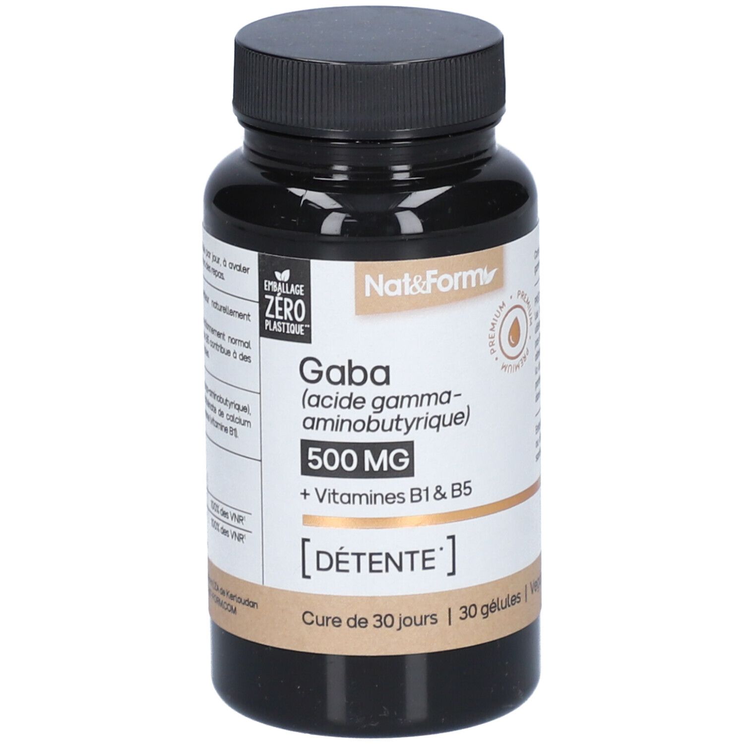 Braune Flasche mit schwarzen Deckel. Aufschrift: Nat&Form, GABA, 500 MG, + Vitamine B1 & B5. 30 Kapseln.