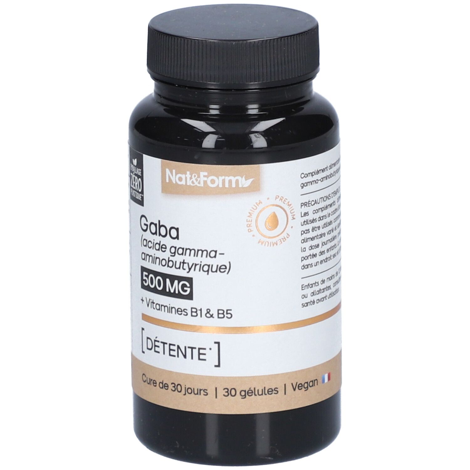 Braune Flasche mit schwarzen Deckel. Aufschrift: Nat&Form, GABA, 500 MG, + Vitamine B1 & B5. 30 Kapseln. Vegan.