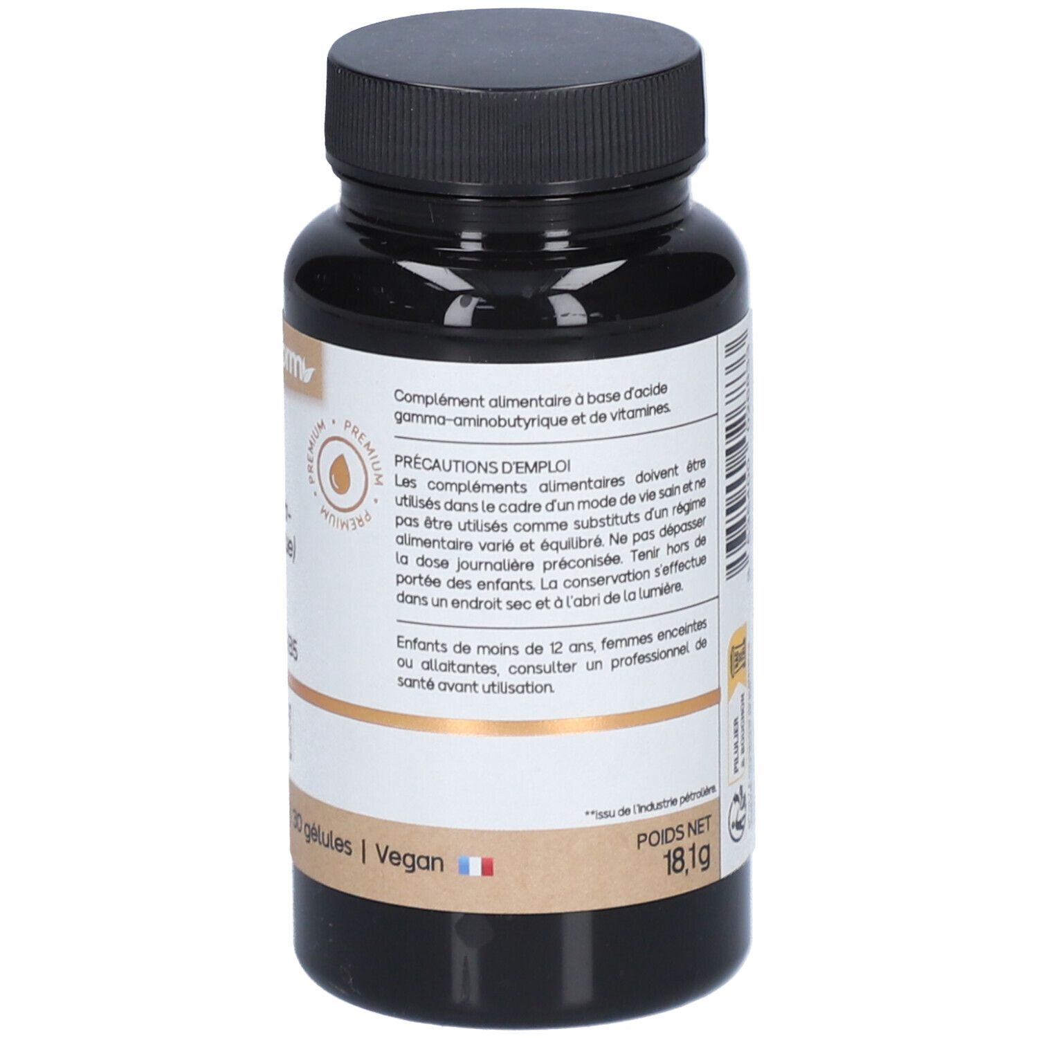 Rückseite der braunen Flasche. Text: GABA, 500 mg, Vitamine B1 & B5. Gewicht: 18,1g. Vegan. Hergestellt in Frankreich.