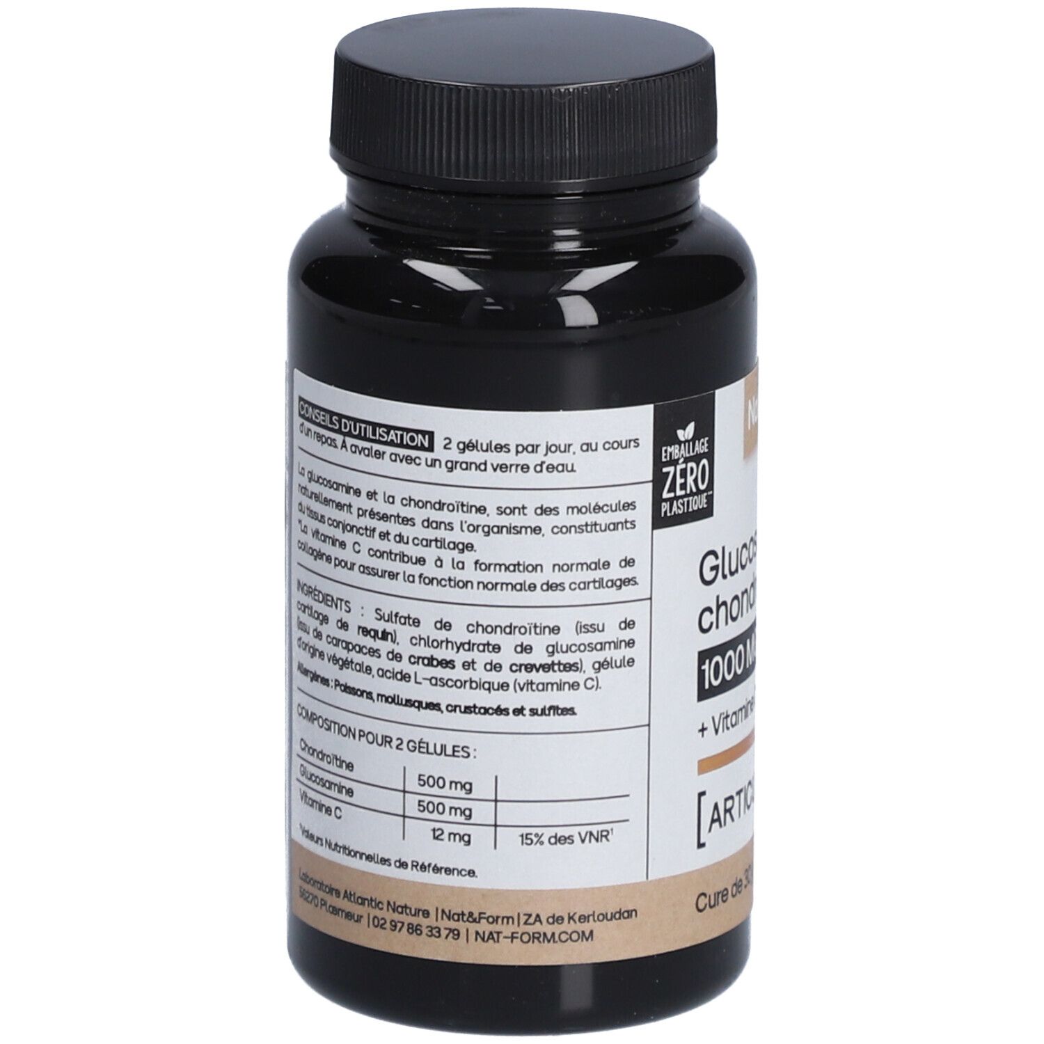 Dos du flacon brun. Inscription: Glucosamine chondroïtine 1000 MG + Vitamine C. Liste des ingrédients et conseils d'utilisation.