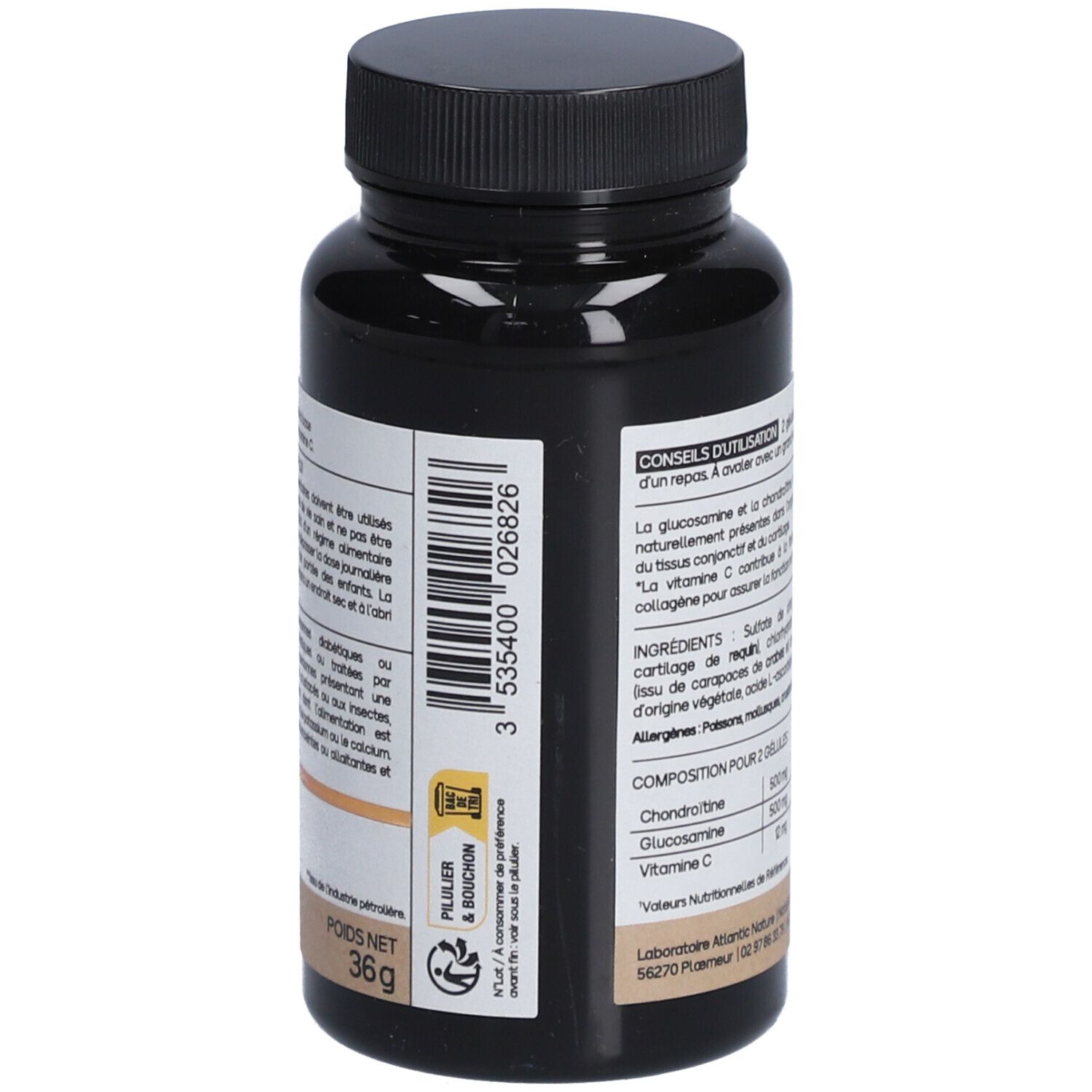 Dos du flacon brun. Inscription: Glucosamine chondroïtine 1000 MG + Vitamine C. Code-barres et indication de poids: 36g.
