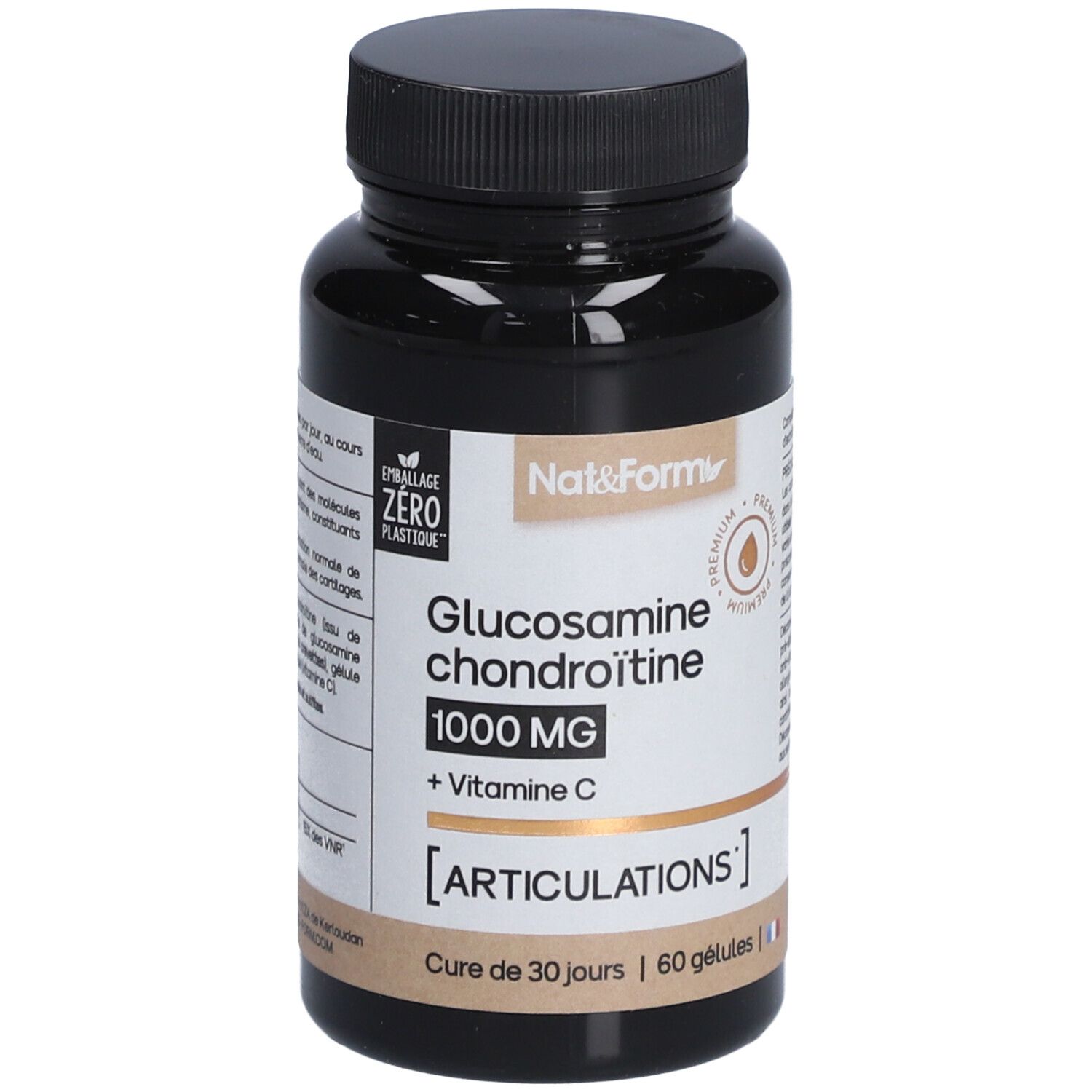 Flacon brun avec bouchon noir. Inscription: Glucosamine chondroïtine 1000 MG + Vitamine C. [ARTICULATIONS]. 60 gélules.