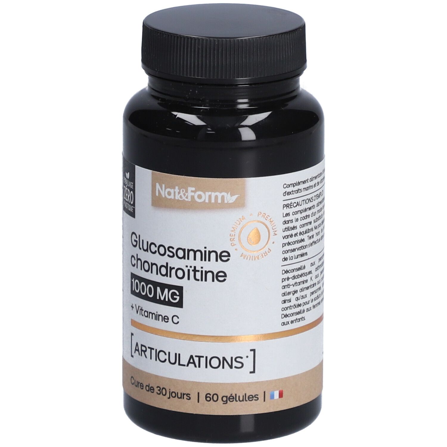 Flacon brun avec bouchon noir. Inscription: Glucosamine chondroïtine 1000 MG + Vitamine C. [ARTICULATIONS]. 60 gélules.