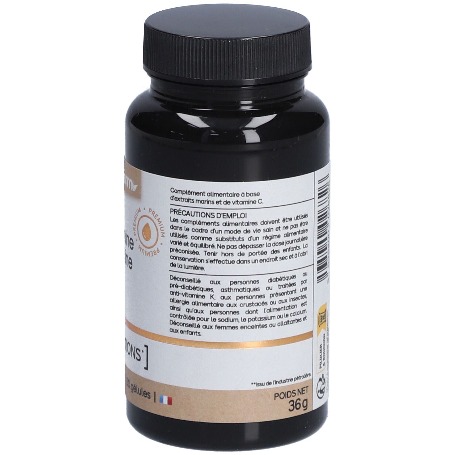 Dos du flacon brun. Inscription: Glucosamine chondroïtine 1000 MG + Vitamine C. Précautions d'emploi et indication de poids: 36g.