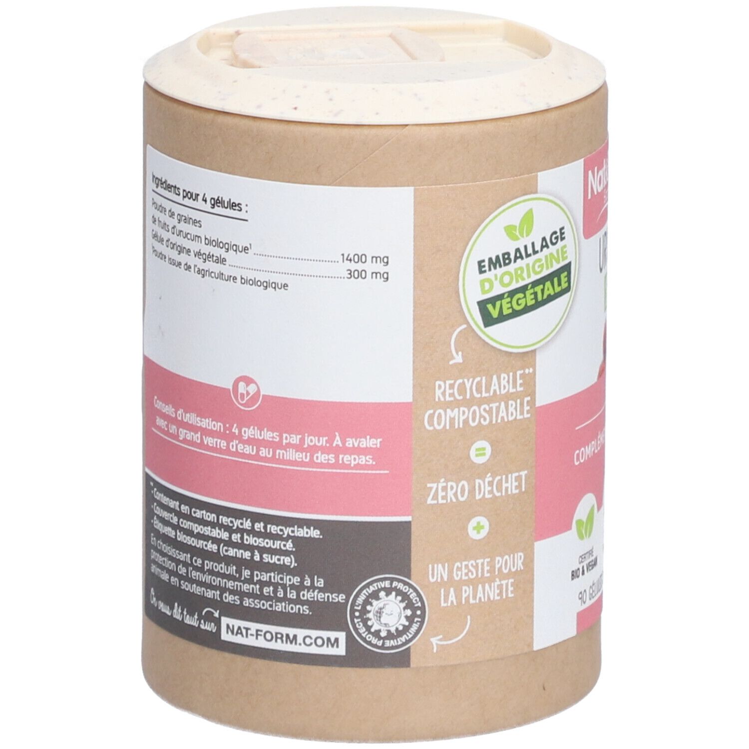 Rückseite der Dose. Text: Inhaltsstoffe, Anwendungshinweise. Aufschrift: Emballage d'origine végétale, Recyclable compostable, Zero déchet.