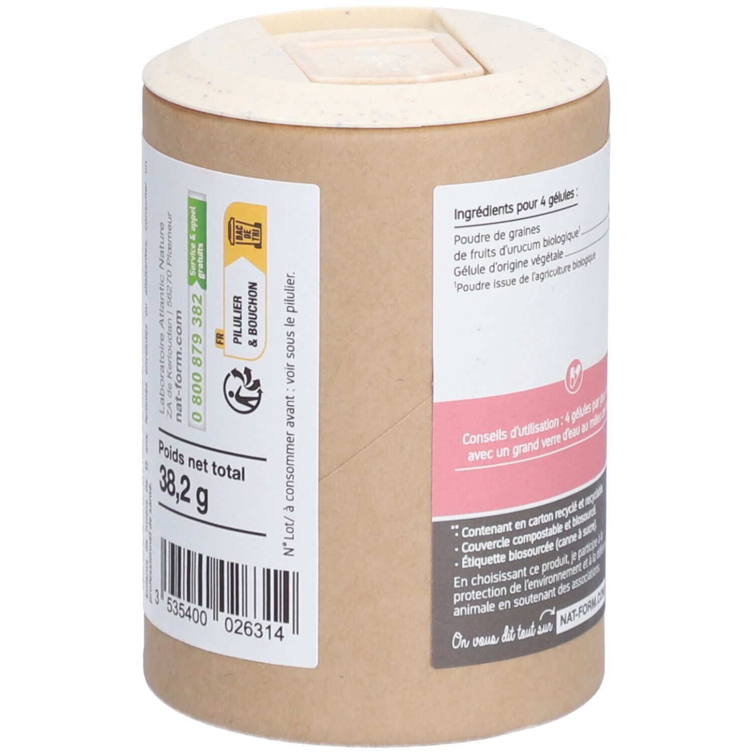 Dose, Seitenansicht. Aufschrift: Poids net total 38,2 g. Barcode. Zertifizierung: AB. Text: Inhaltsstoffe, Anwendungshinweise.