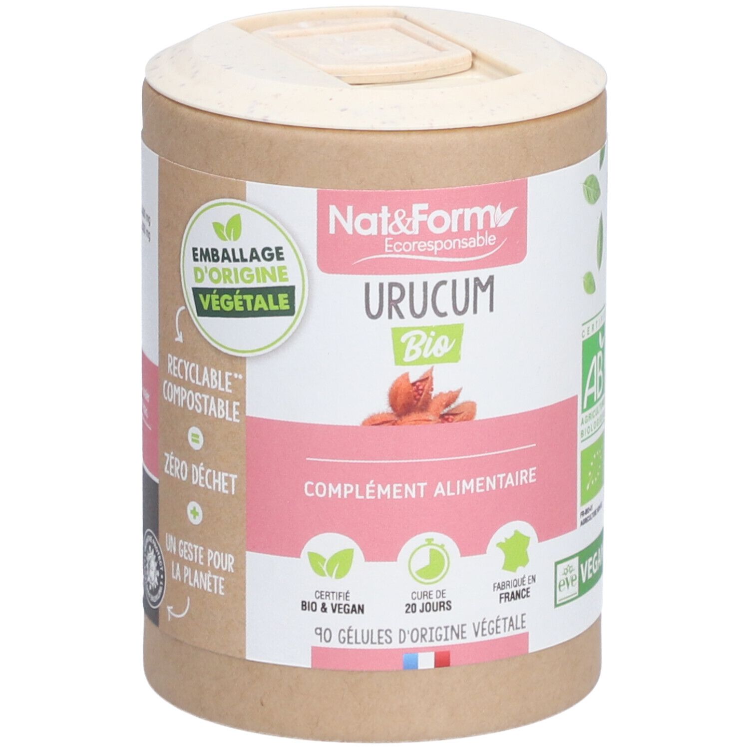 Zylindrische Dose mit Deckel. Aufschrift: Urucum Bio, complément alimentaire. Zertifizierungen: Bio & Vegan, AB, Vegan. 90 Kapseln.