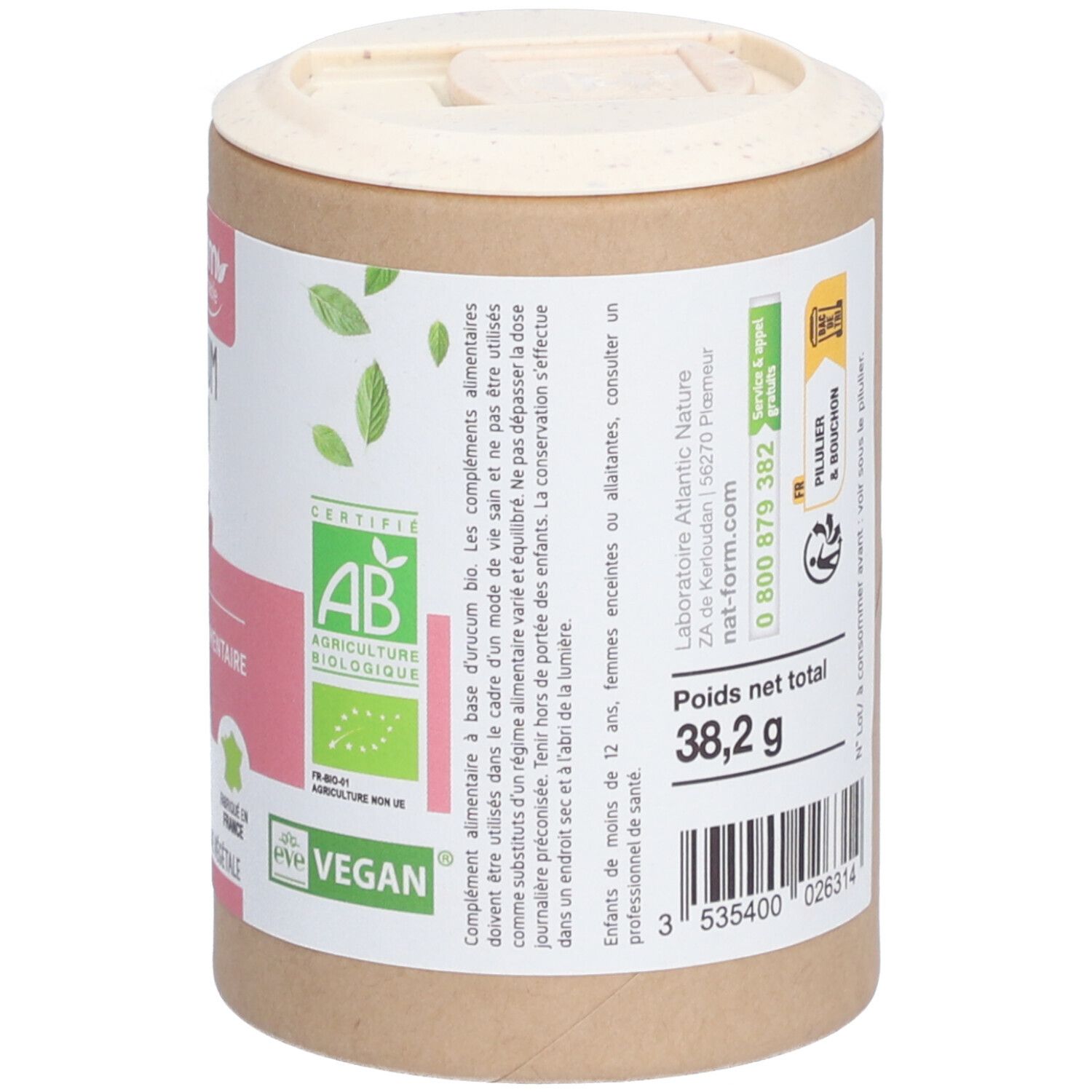 Rückseite der Dose. Aufschrift: Poids net total 38,2 g. Zertifizierungen: AB, Vegan. Text: Anwendungshinweise, Inhaltsstoffe.