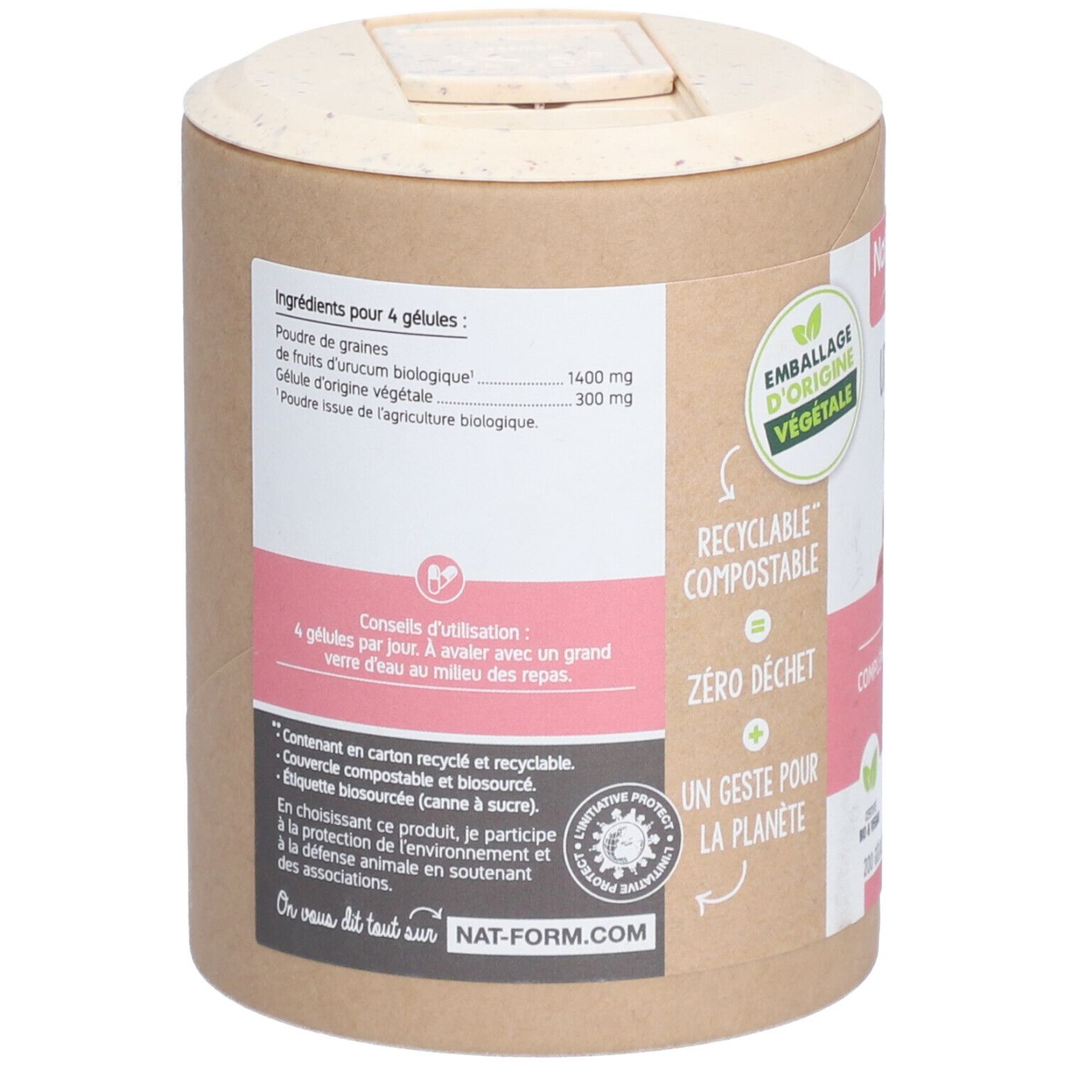 Dos de la boîte avec liste d'ingrédients et conseils d'utilisation. Contient 'Urucum Bio'. Emballage végétal.