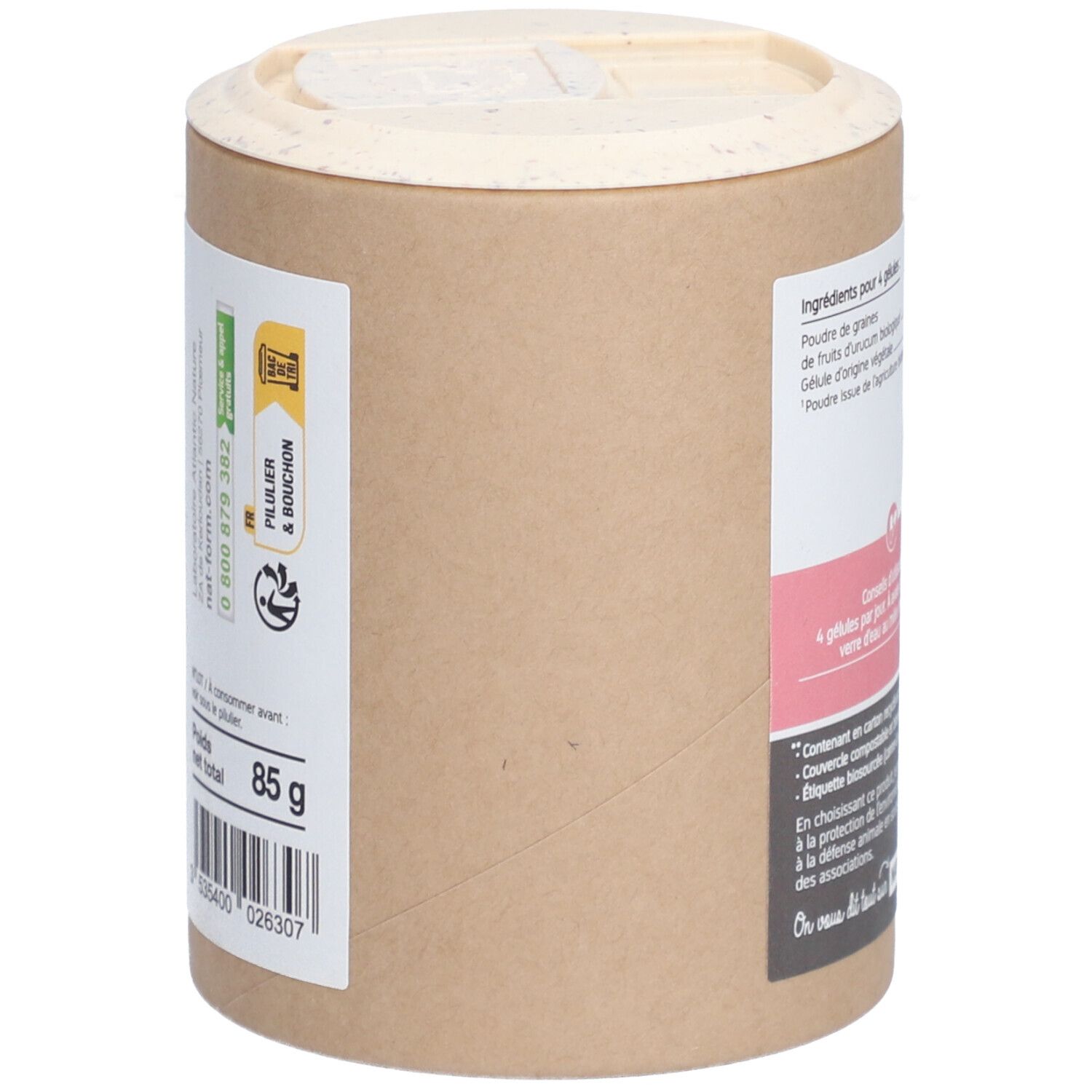 Boîte cylindrique 'Urucum Bio'. Inscription: 85g. Label AB Bio. Couvercle et boîte en matériaux naturels.