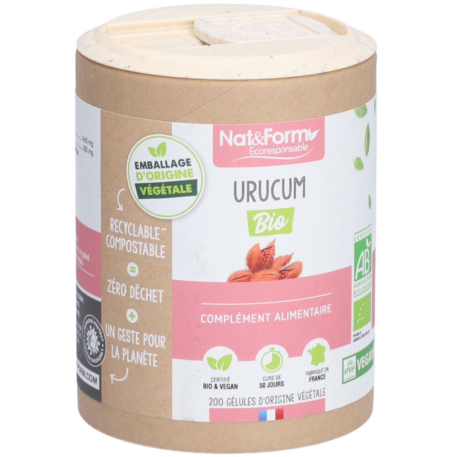 Boîte cylindrique 'Urucum Bio' avec 200 gélules. Label AB Bio et logo Vegan. Emballage végétal.