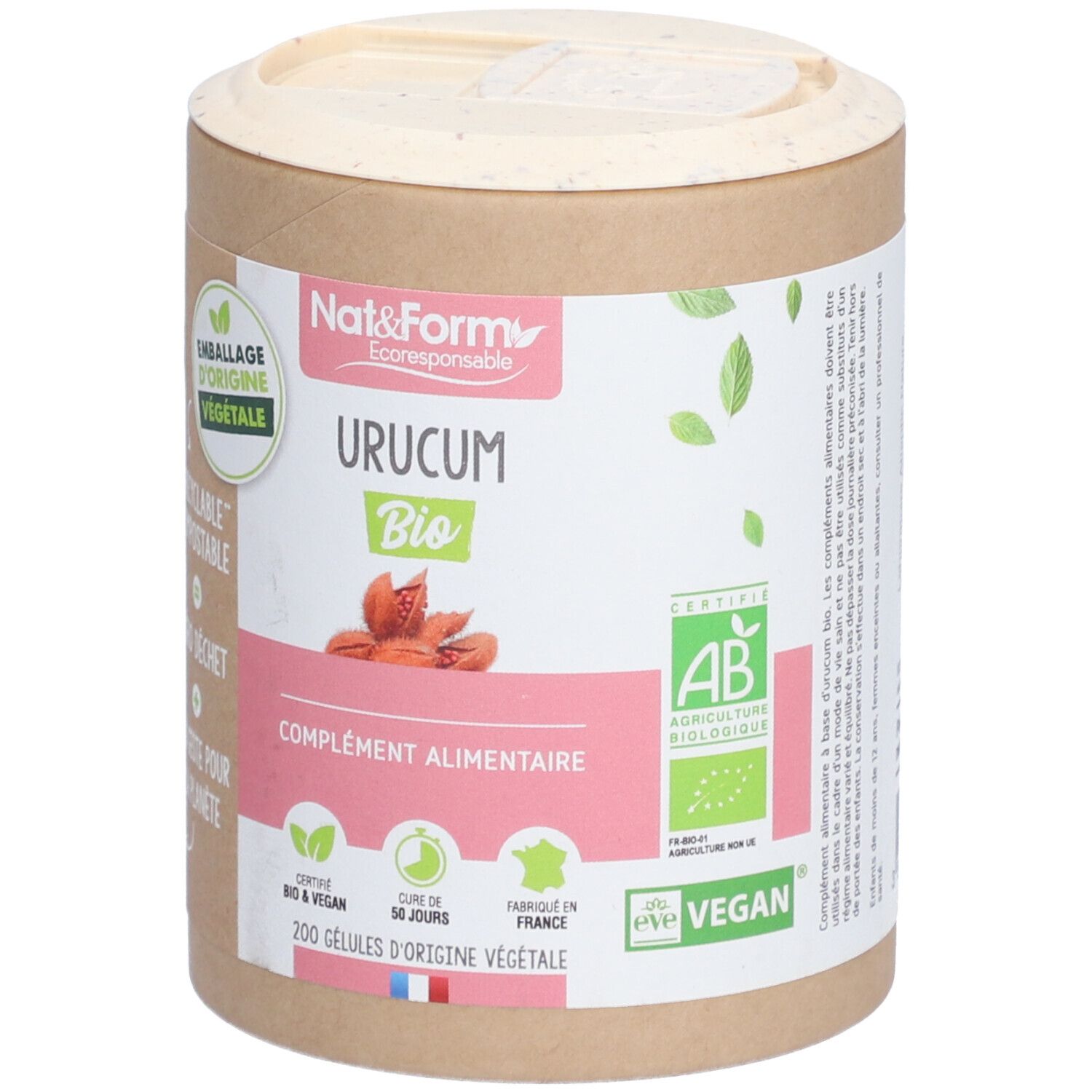 Boîte cylindrique 'Urucum Bio' avec 200 gélules. Label AB Bio et logo Vegan. Emballage végétal.