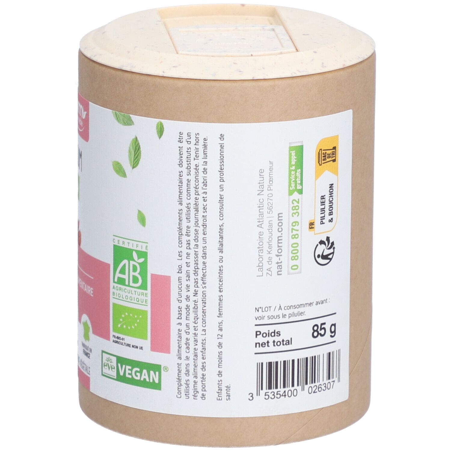 Dos de la boîte 'Urucum Bio'. Contient 85g. Label AB Bio et logo Vegan. Informations fabricant.
