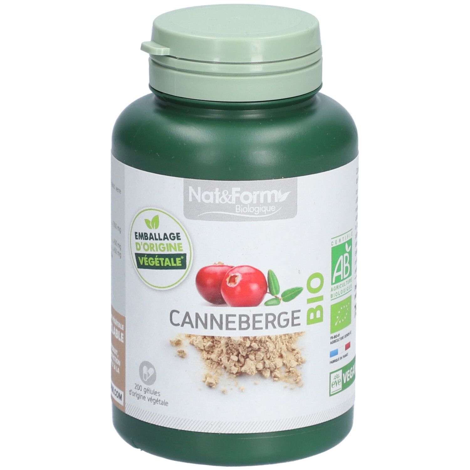 Flacon vert de gélules. Inscription: Cannaberge Bio, Emballage d'origine végétale. Avec label bio.