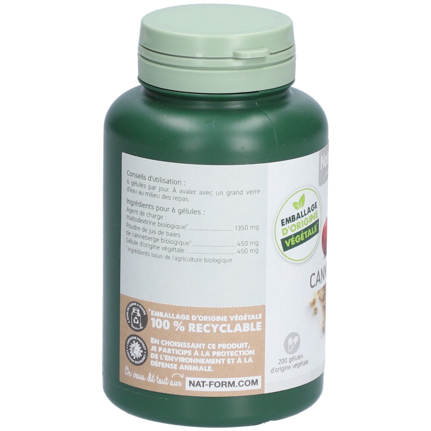 Dos du flacon vert. Texte: Emballage d'origine végétale 100% recyclable. Nat-form.com.