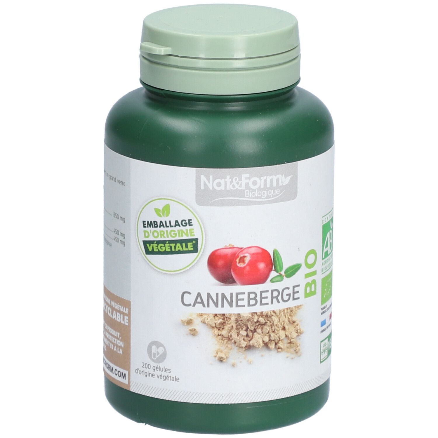 Flacon vert de gélules. Inscription: Cannaberge Bio, Emballage d'origine végétale. Avec label bio.