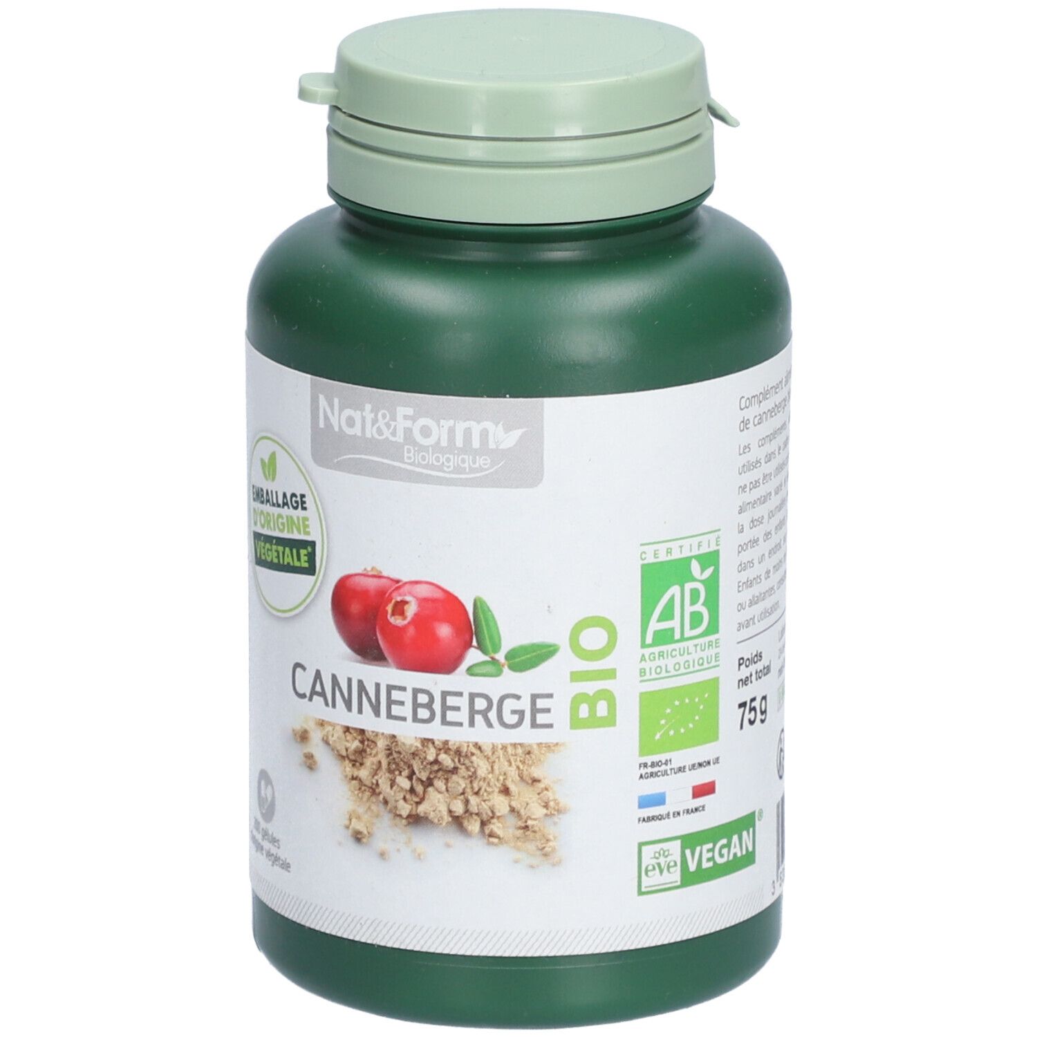 Flacon vert de gélules. Inscription: Cannaberge Bio, label AB, label Vegan. Poids: 75g.